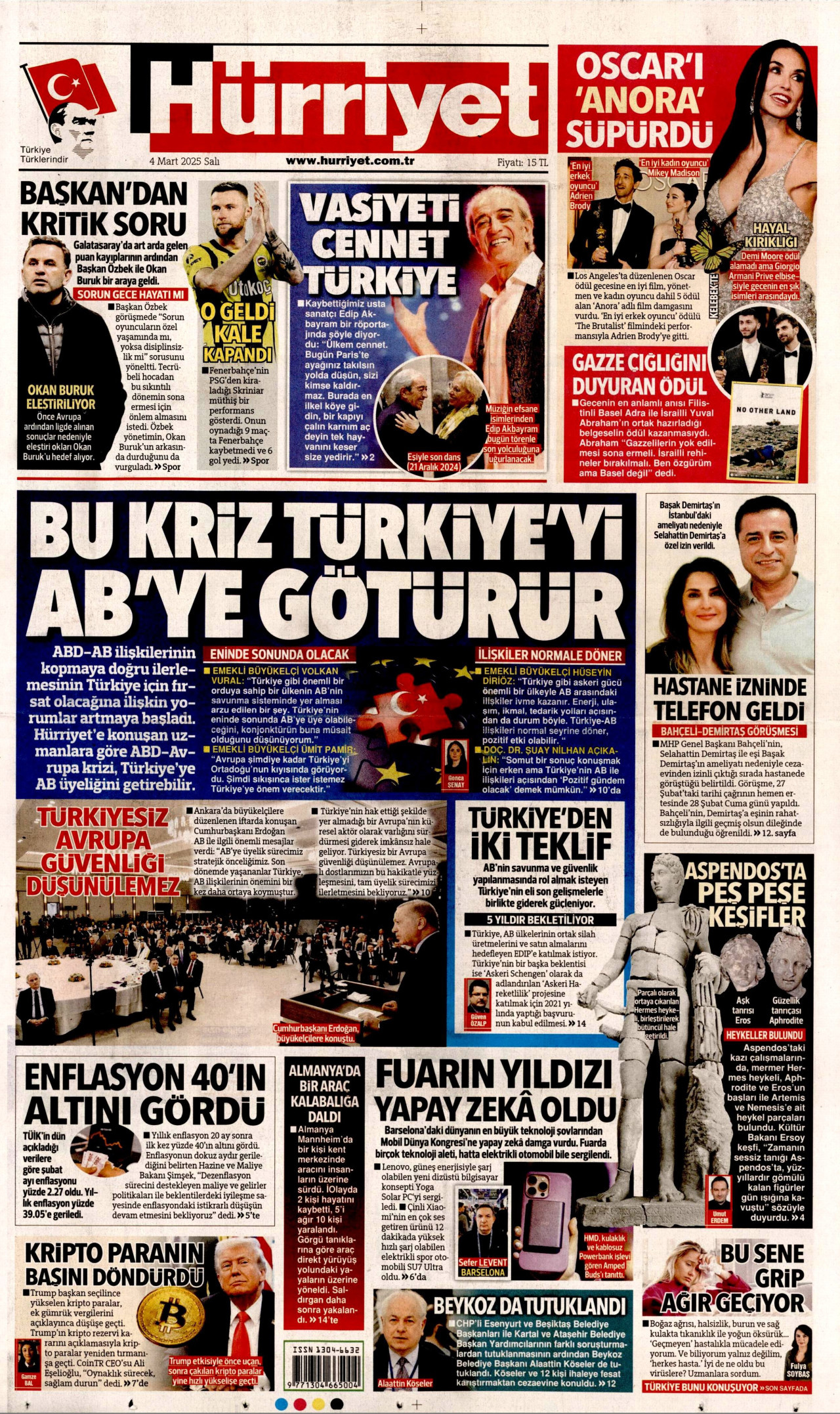 HÜRRİYET gazetesinin 4 Mart 2025 tarihli birinci sayfası