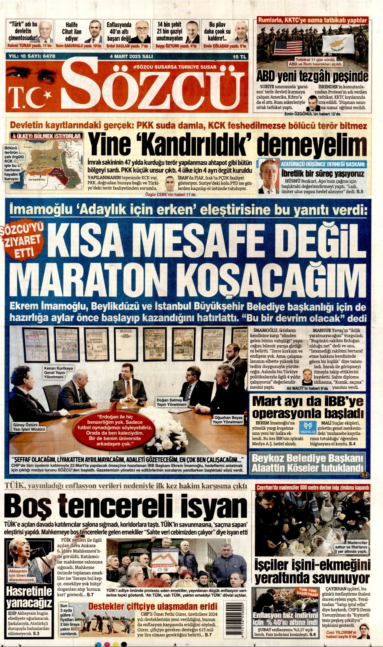SÖZCÜ gazetesinin 4 Mart 2025 tarihli birinci sayfası