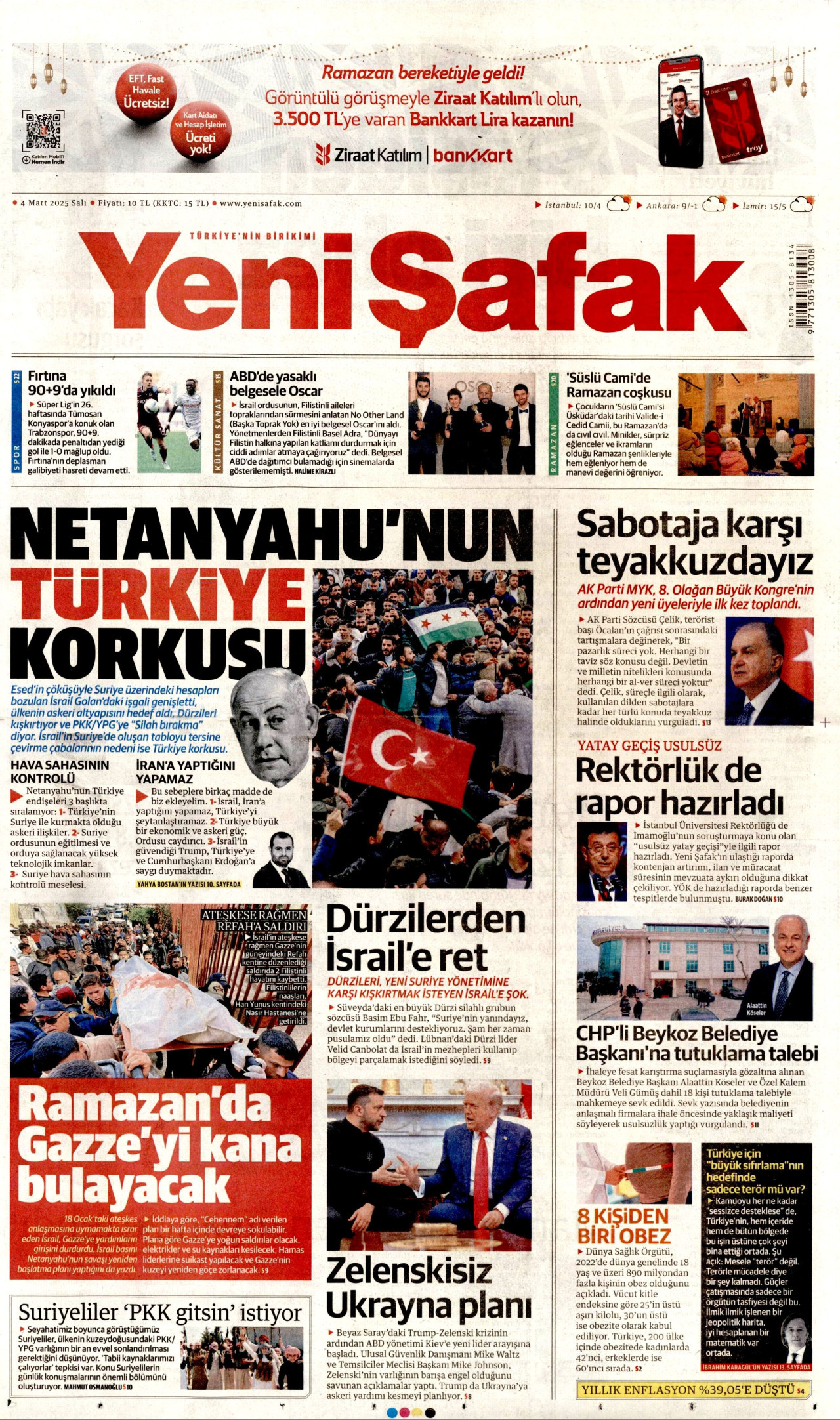 YENİ ŞAFAK gazetesinin 4 Mart 2025 tarihli birinci sayfası