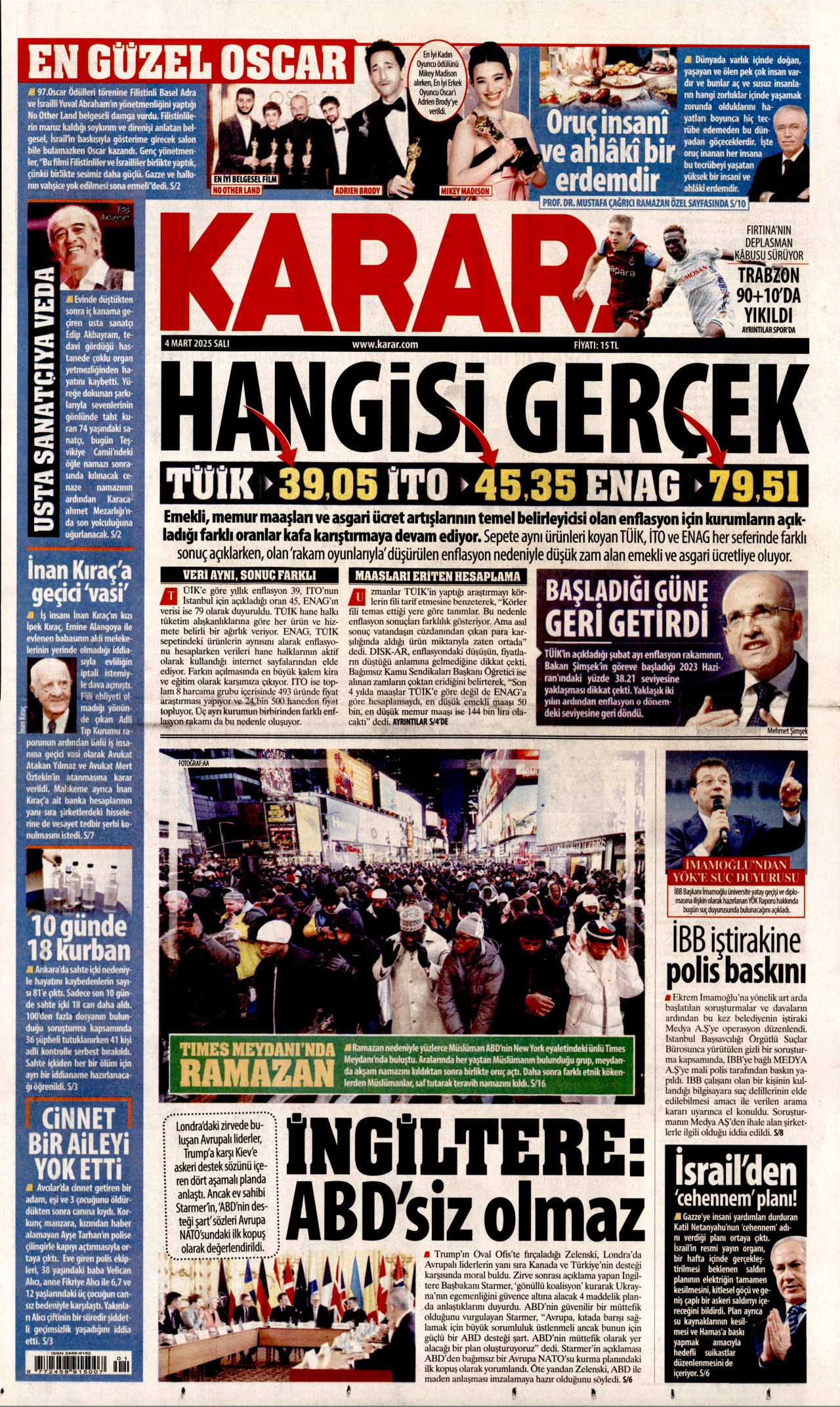 KARAR gazetesinin 4 Mart 2025 tarihli birinci sayfası