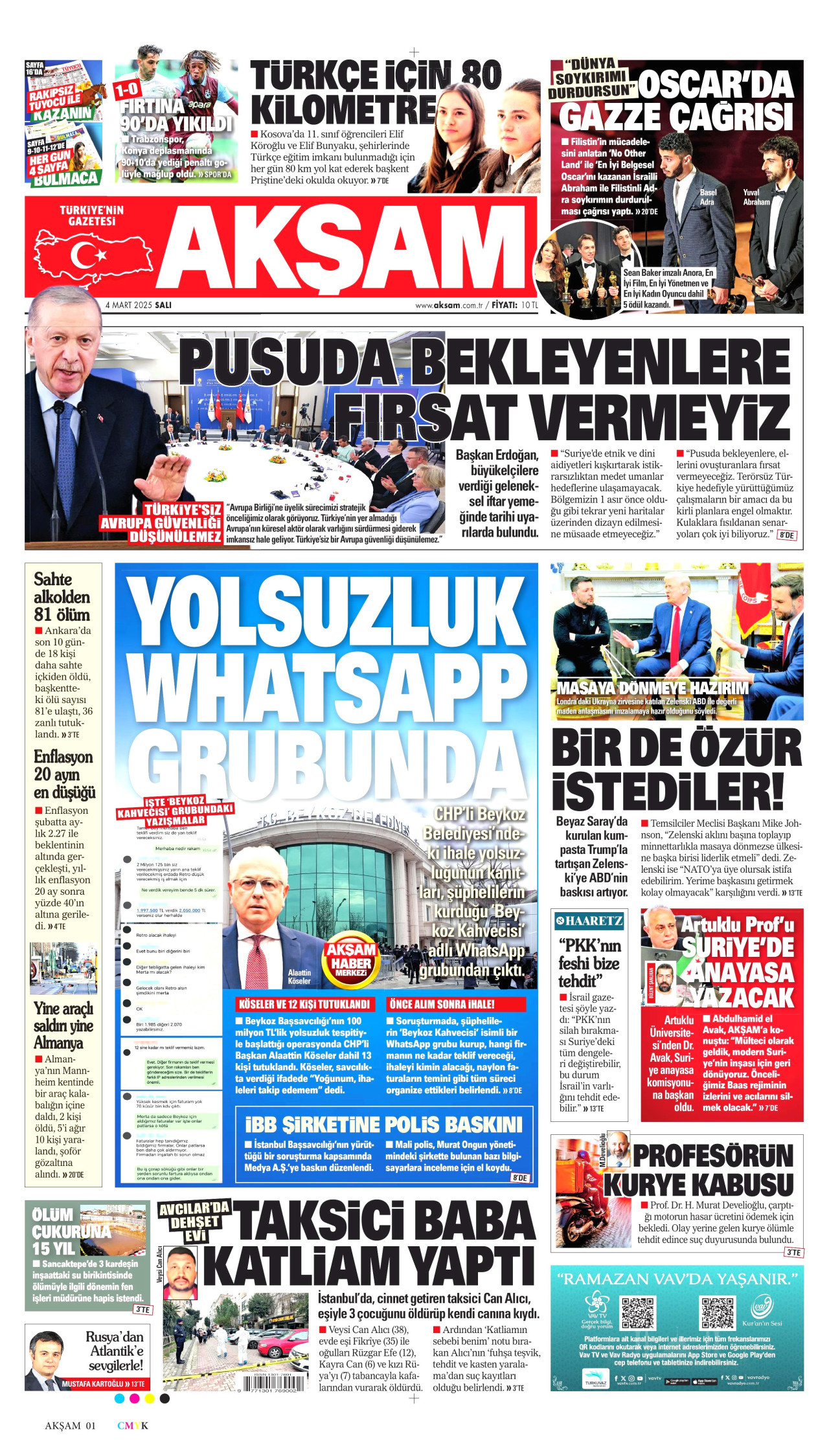 AKŞAM gazetesinin 4 Mart 2025 tarihli birinci sayfası