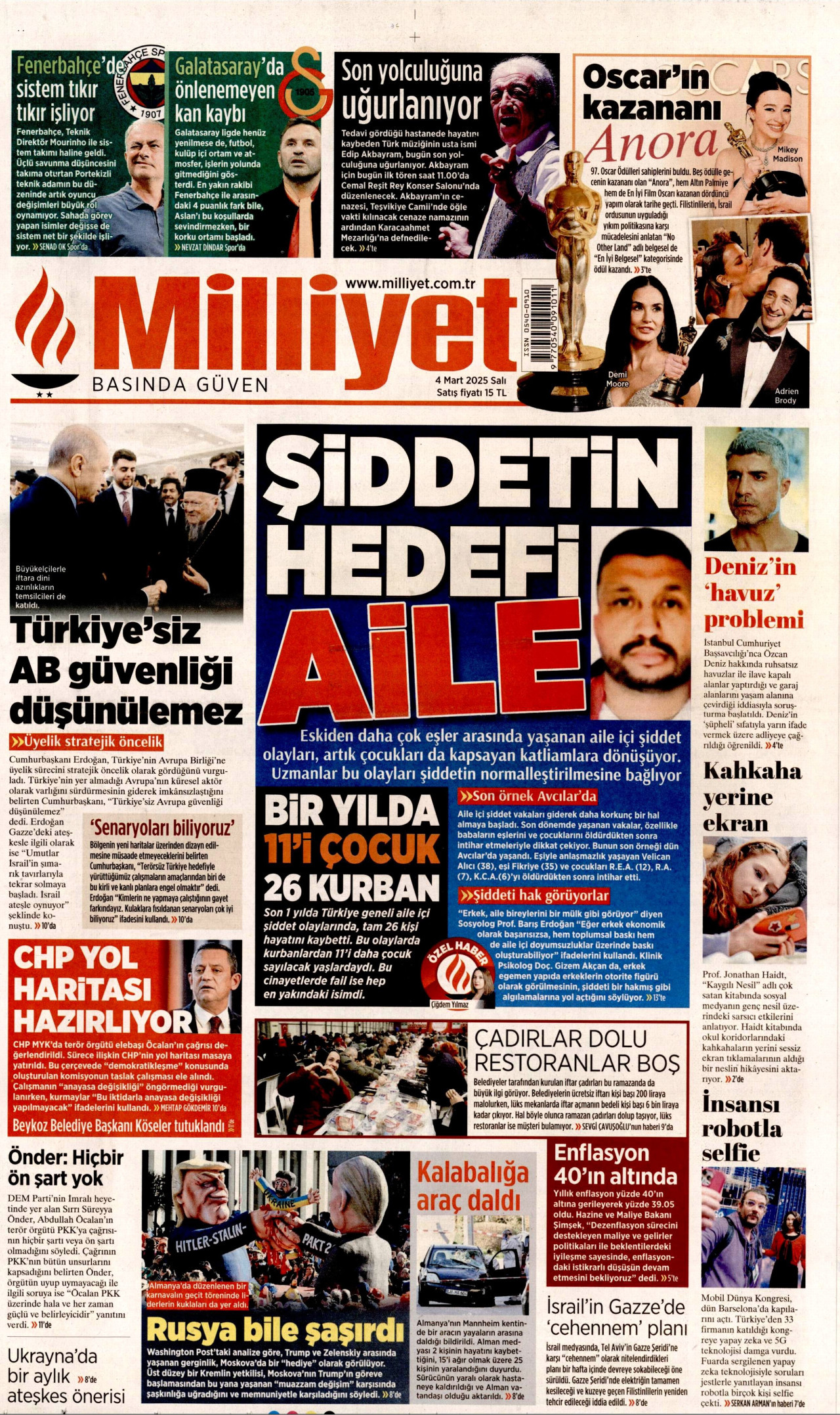 MİLLİYET gazetesinin 4 Mart 2025 tarihli birinci sayfası