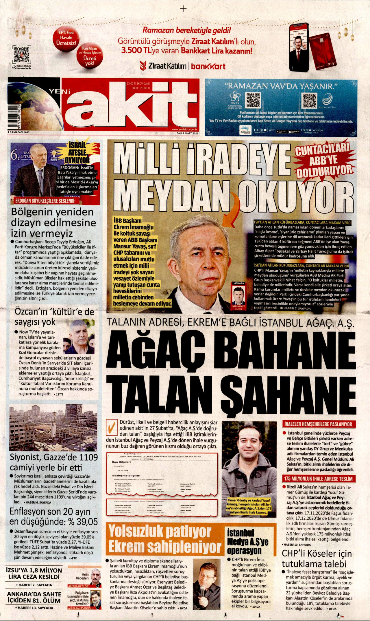 YENİ AKİT gazetesinin 4 Mart 2025 tarihli birinci sayfası