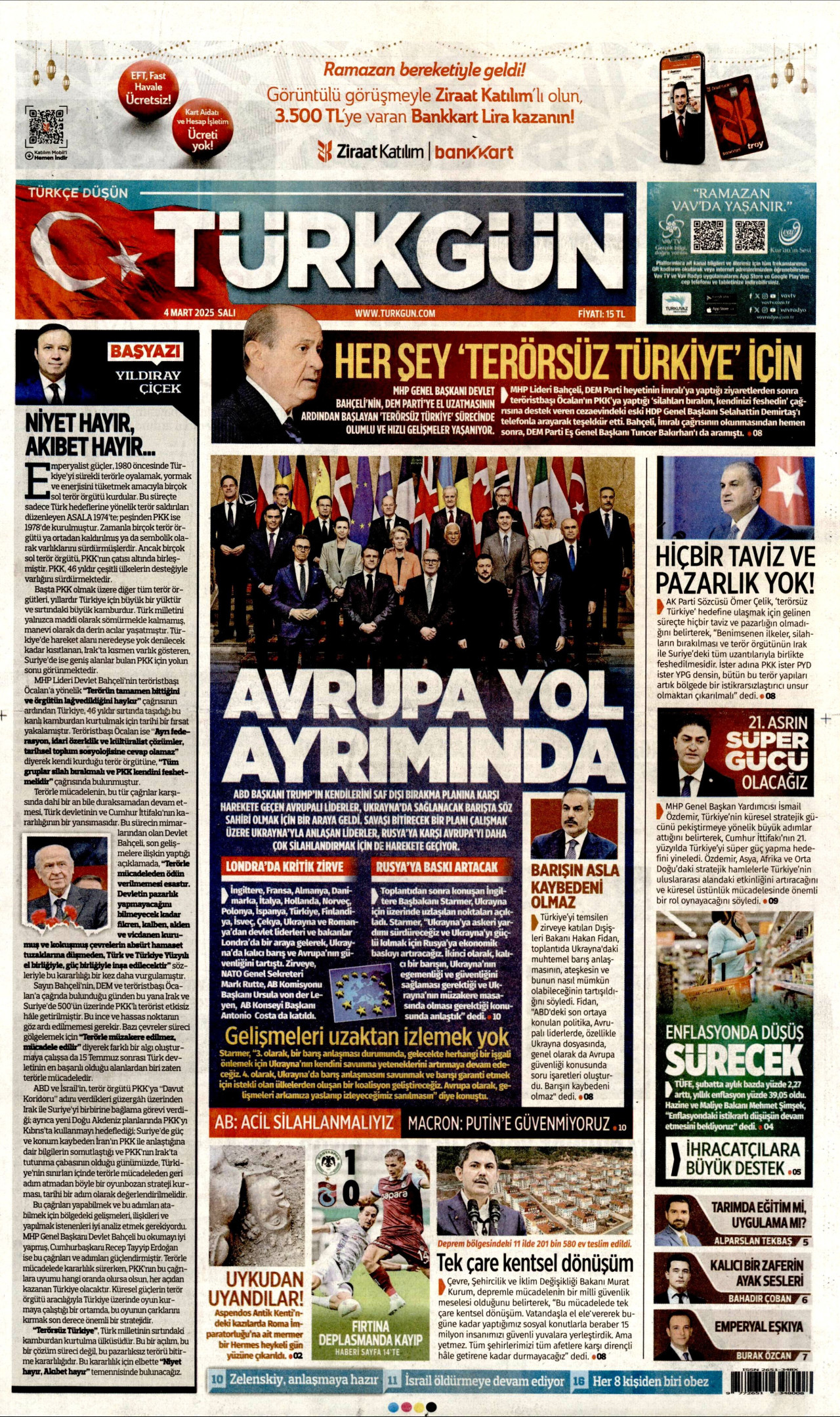 TÜRKGÜN gazetesinin 4 Mart 2025 tarihli birinci sayfası