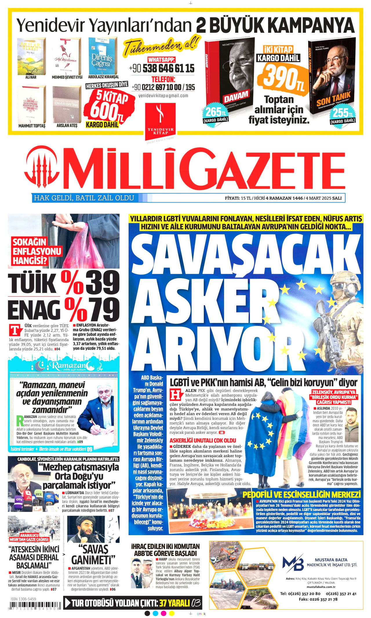 MİLLİ GAZETE gazetesinin 4 Mart 2025 tarihli birinci sayfası