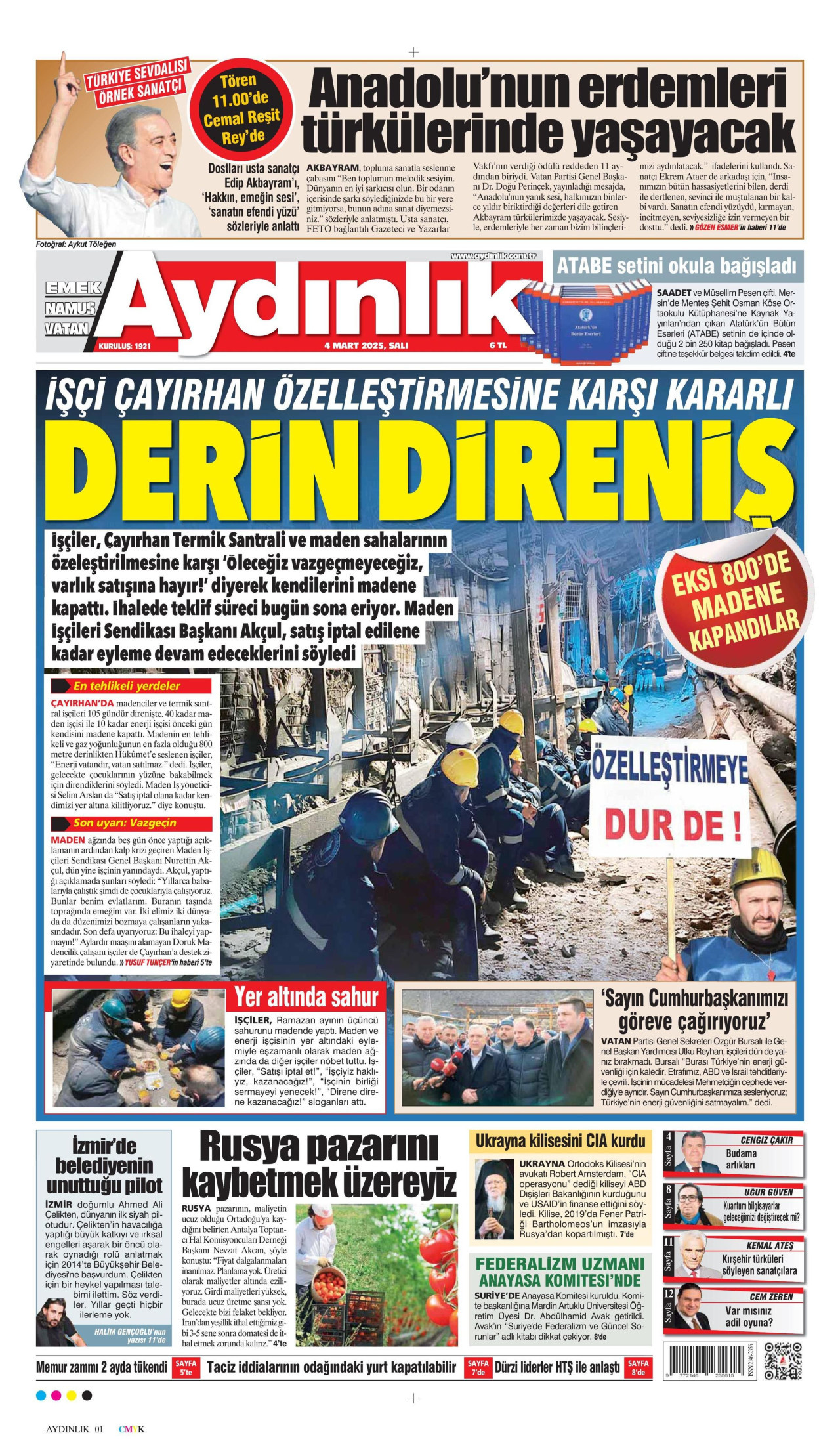 AYDINLIK GAZETESİ gazetesinin 4 Mart 2025 tarihli birinci sayfası