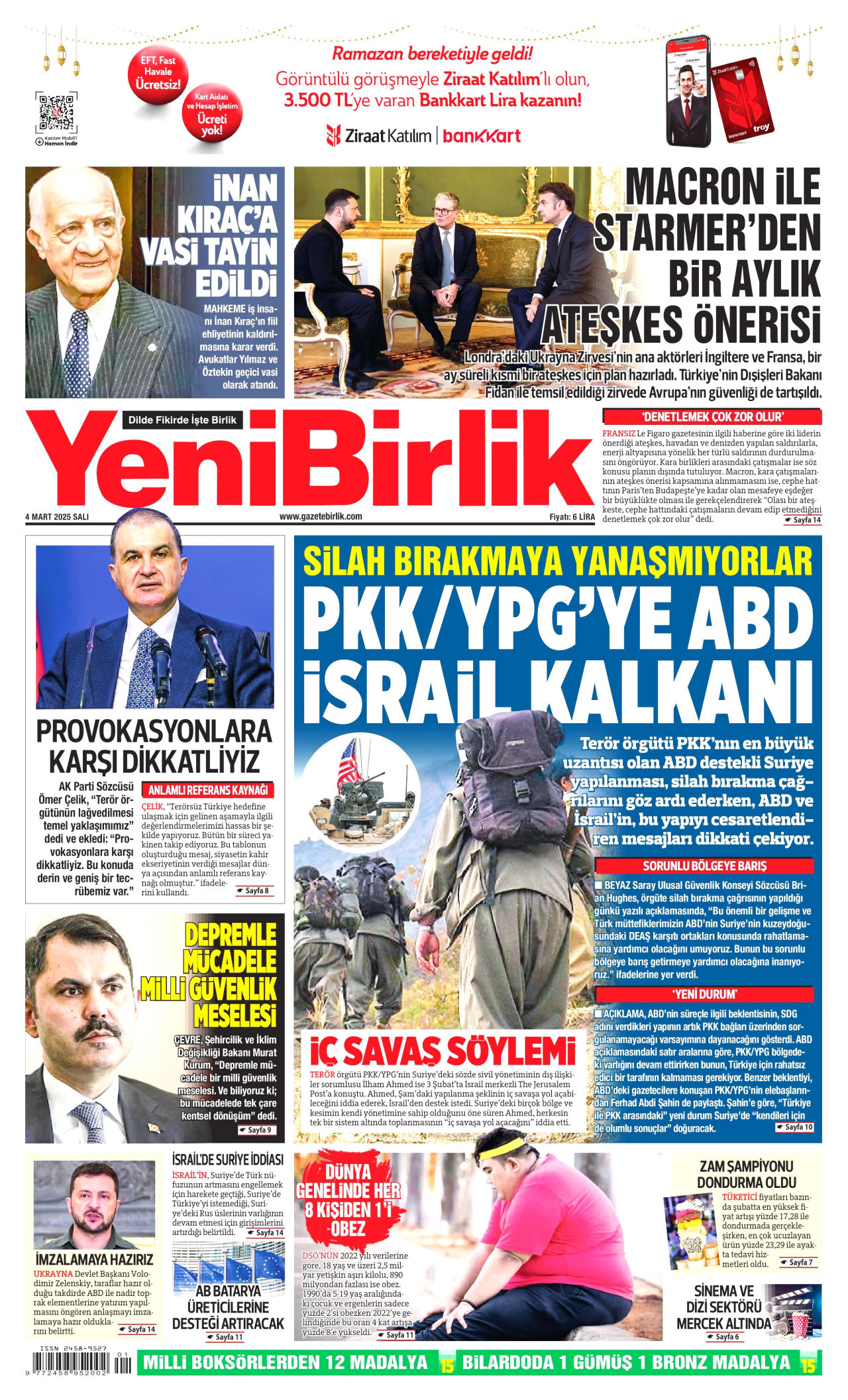 YENİBİRLİK gazetesinin 4 Mart 2025 tarihli birinci sayfası