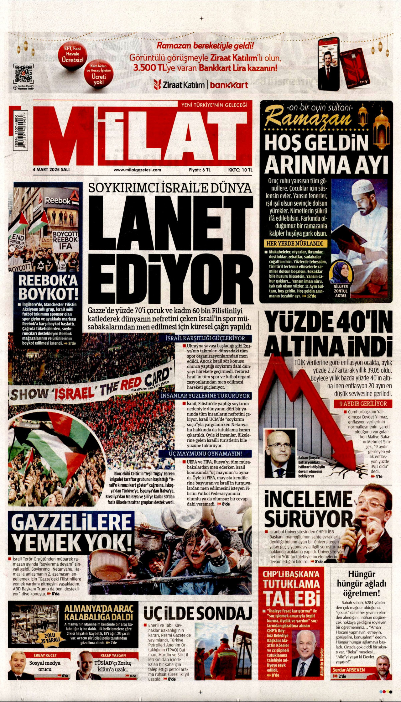 MİLAT gazetesinin 4 Mart 2025 tarihli birinci sayfası