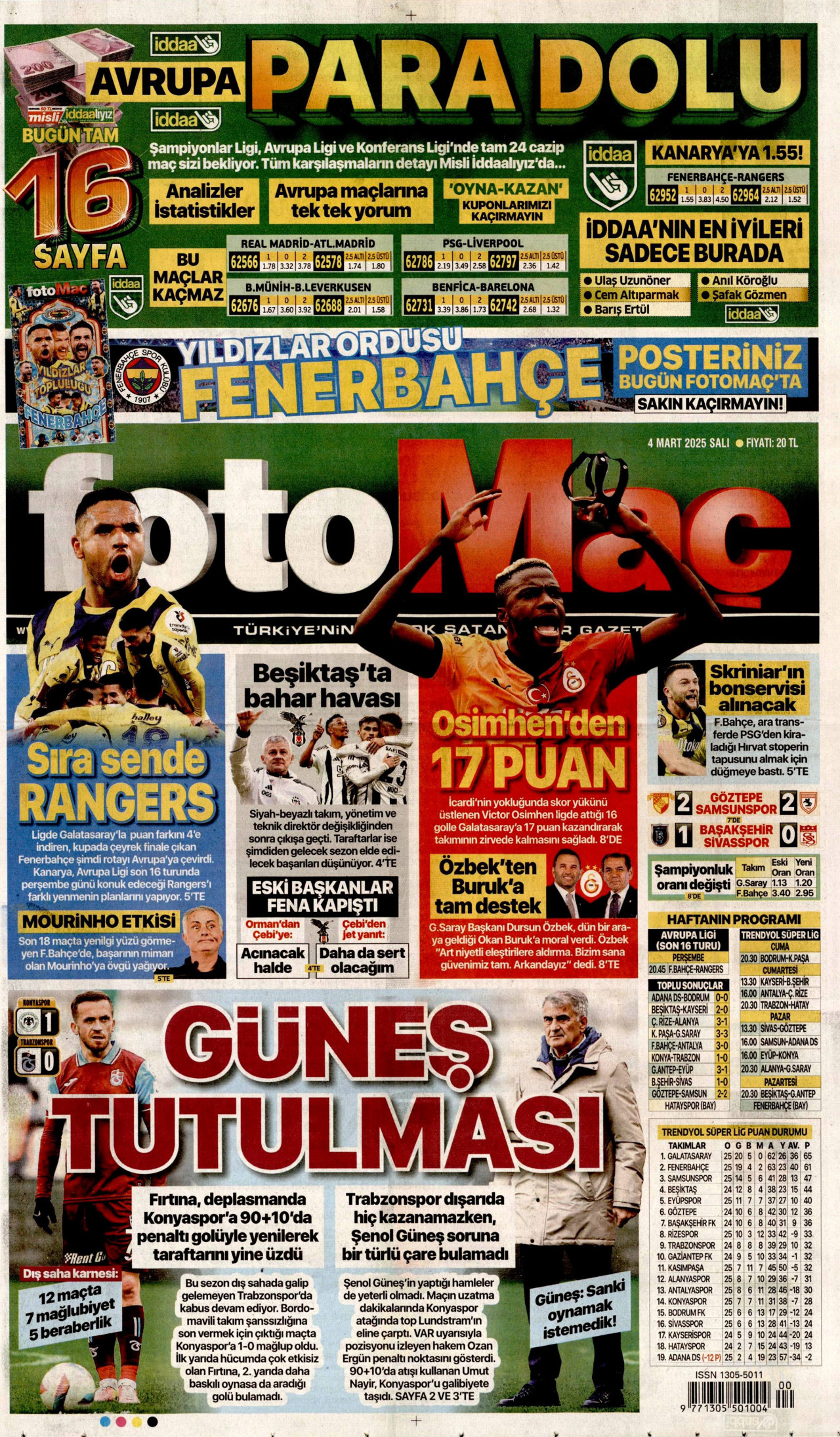 FOTOMAÇ gazetesinin 4 Mart 2025 tarihli birinci sayfası