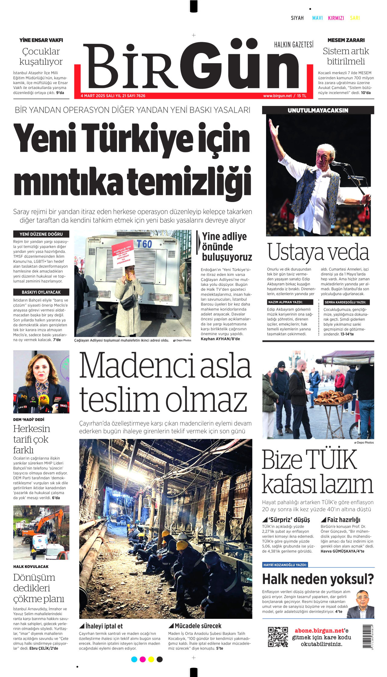 BİRGÜN gazetesinin 4 Mart 2025 tarihli birinci sayfası