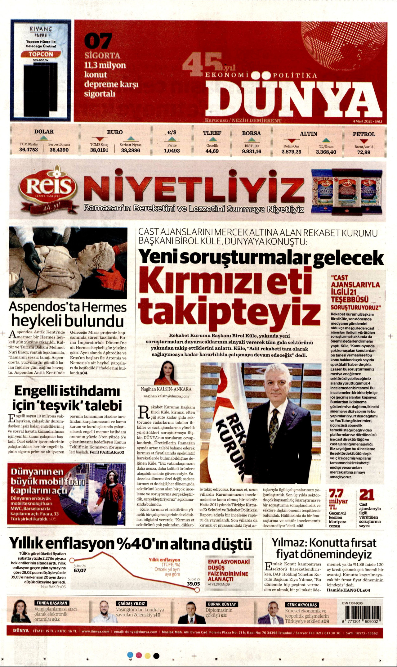 DÜNYA gazetesinin 4 Mart 2025 tarihli birinci sayfası
