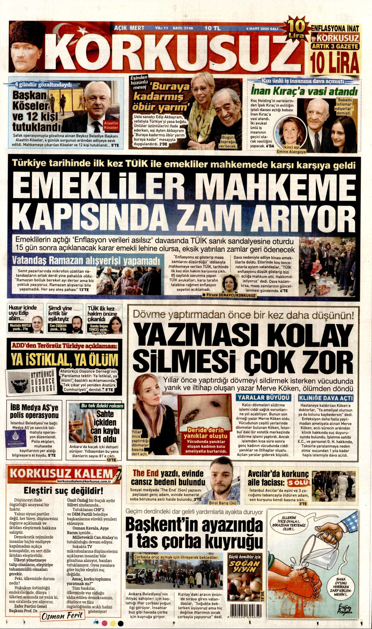 KORKUSUZ gazetesinin 4 Mart 2025 tarihli birinci sayfası