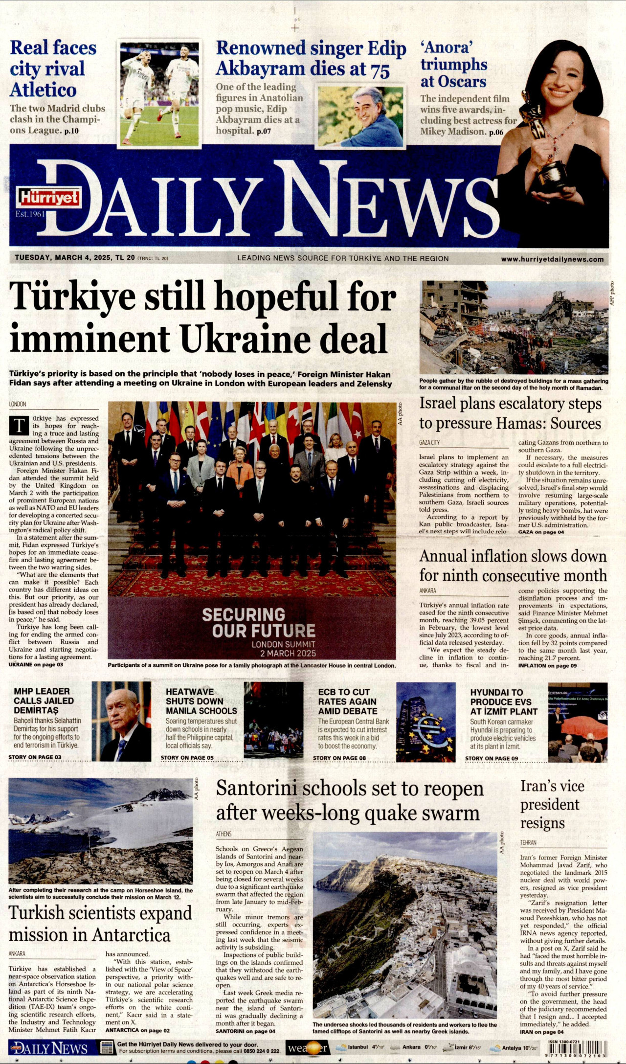 HÜRRİYET DAİLY NEWS gazetesinin 4 Mart 2025 tarihli birinci sayfası