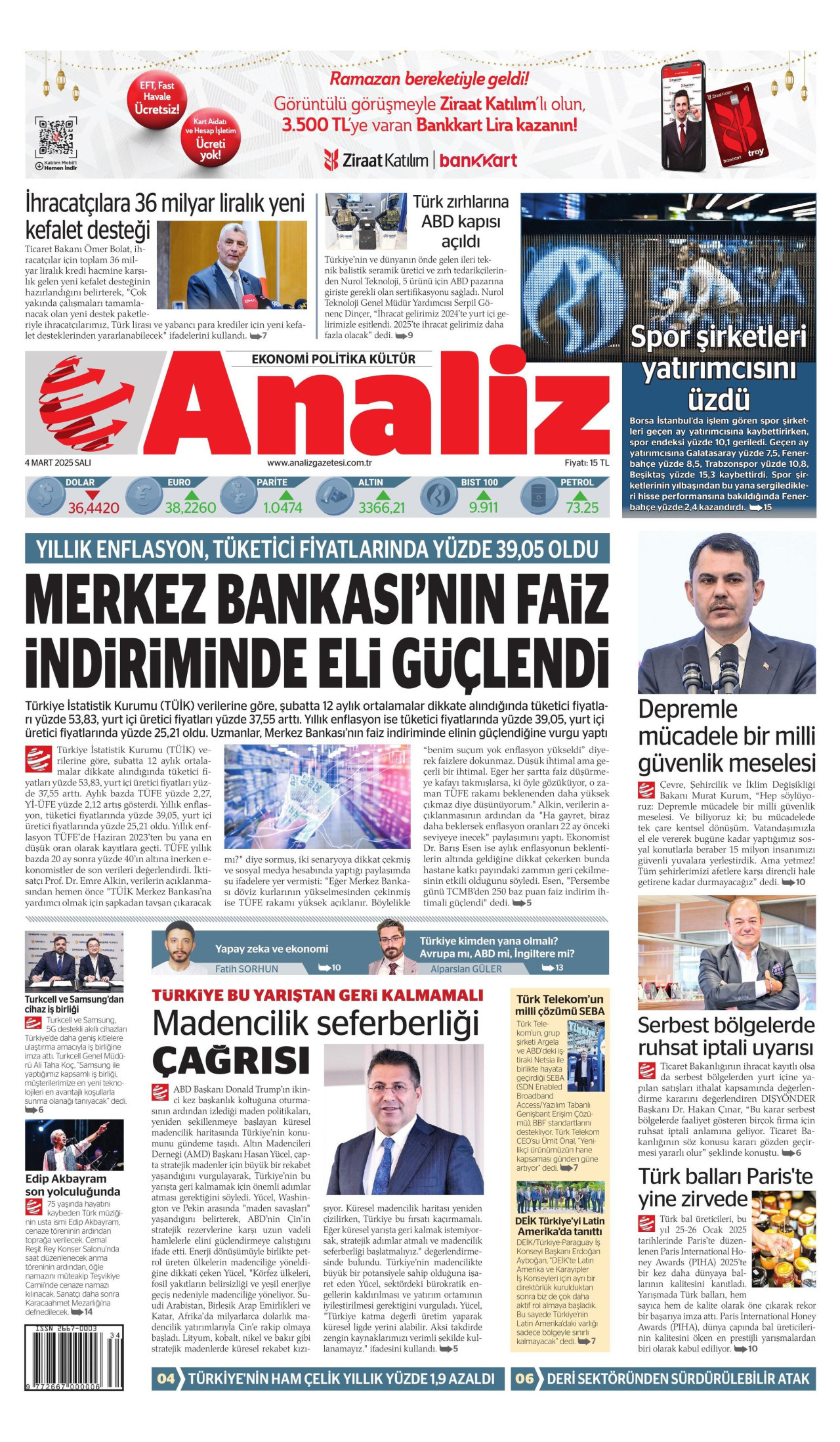ANALİZ gazetesinin 4 Mart 2025 tarihli birinci sayfası