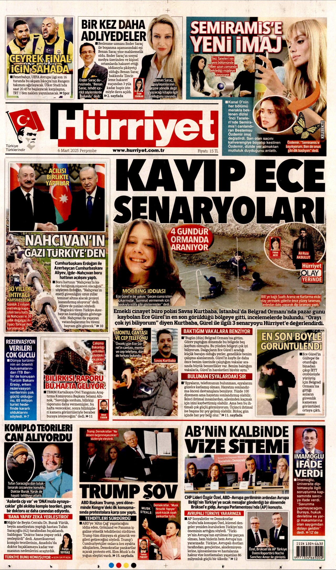 HÜRRİYET gazetesinin 6 Mart 2025 tarihli birinci sayfası