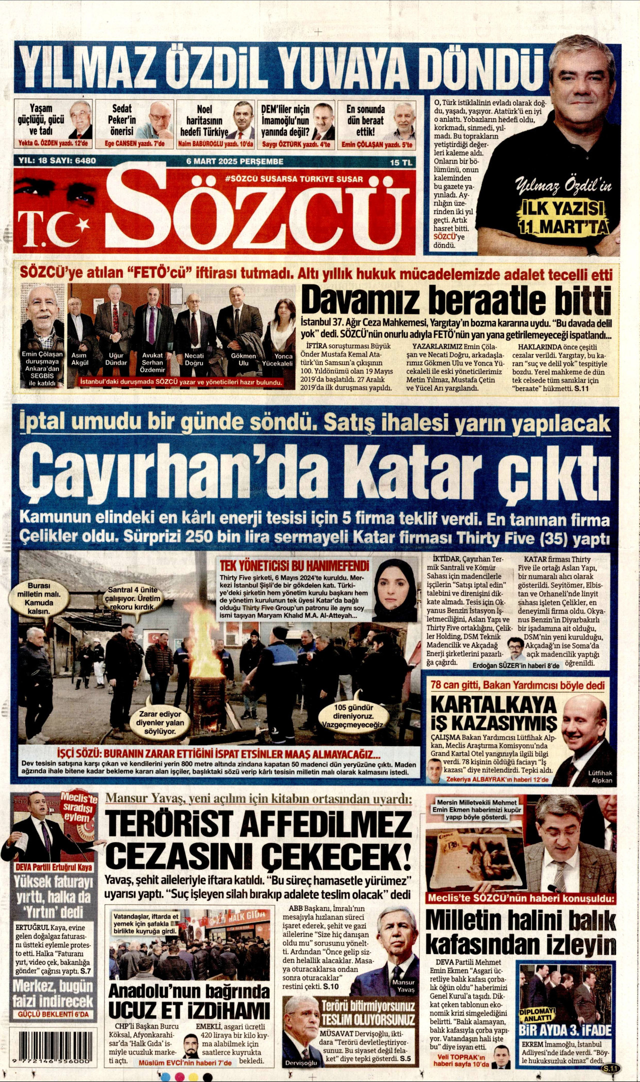 SÖZCÜ gazetesinin 6 Mart 2025 tarihli birinci sayfası
