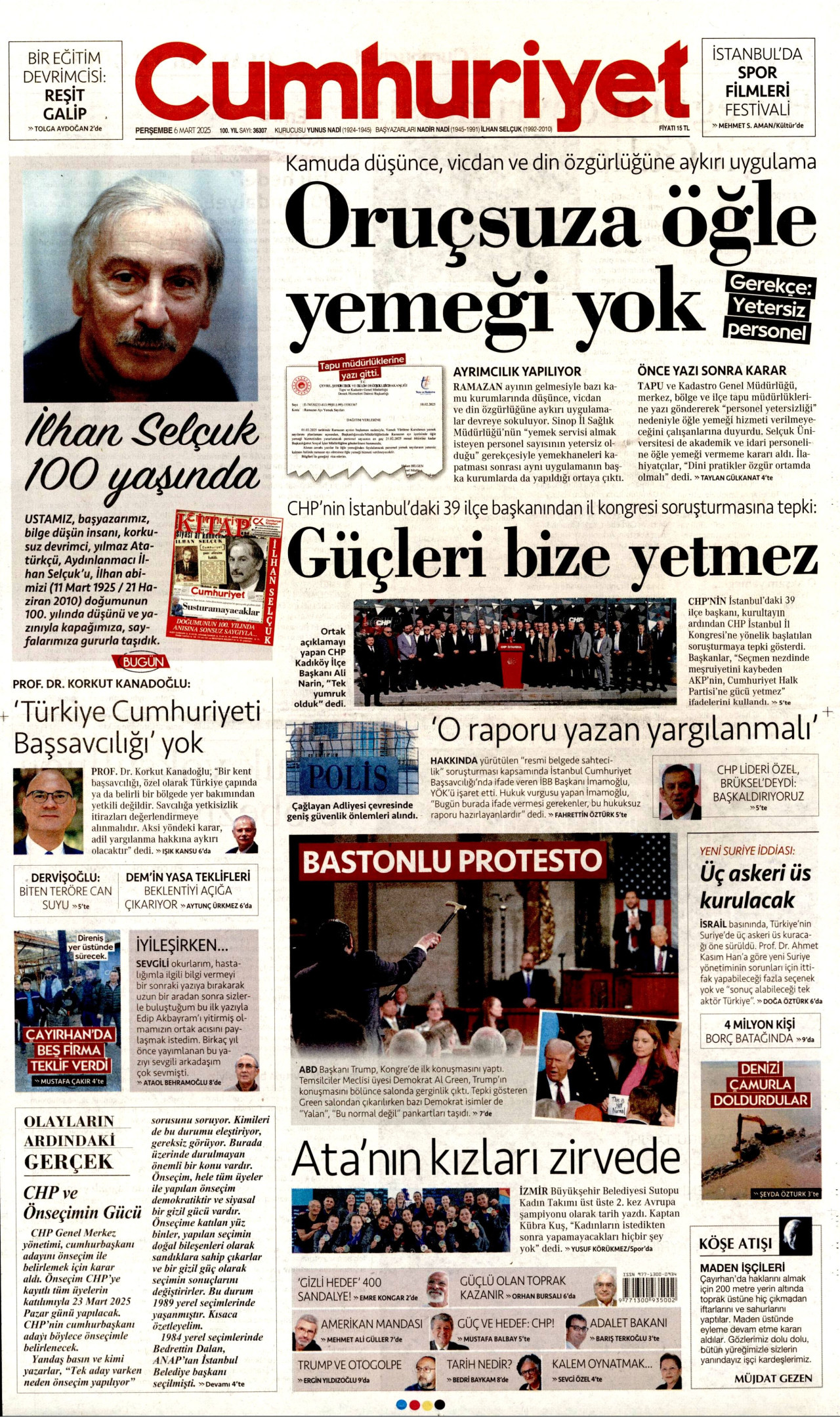 CUMHURİYET gazetesinin 6 Mart 2025 tarihli birinci sayfası