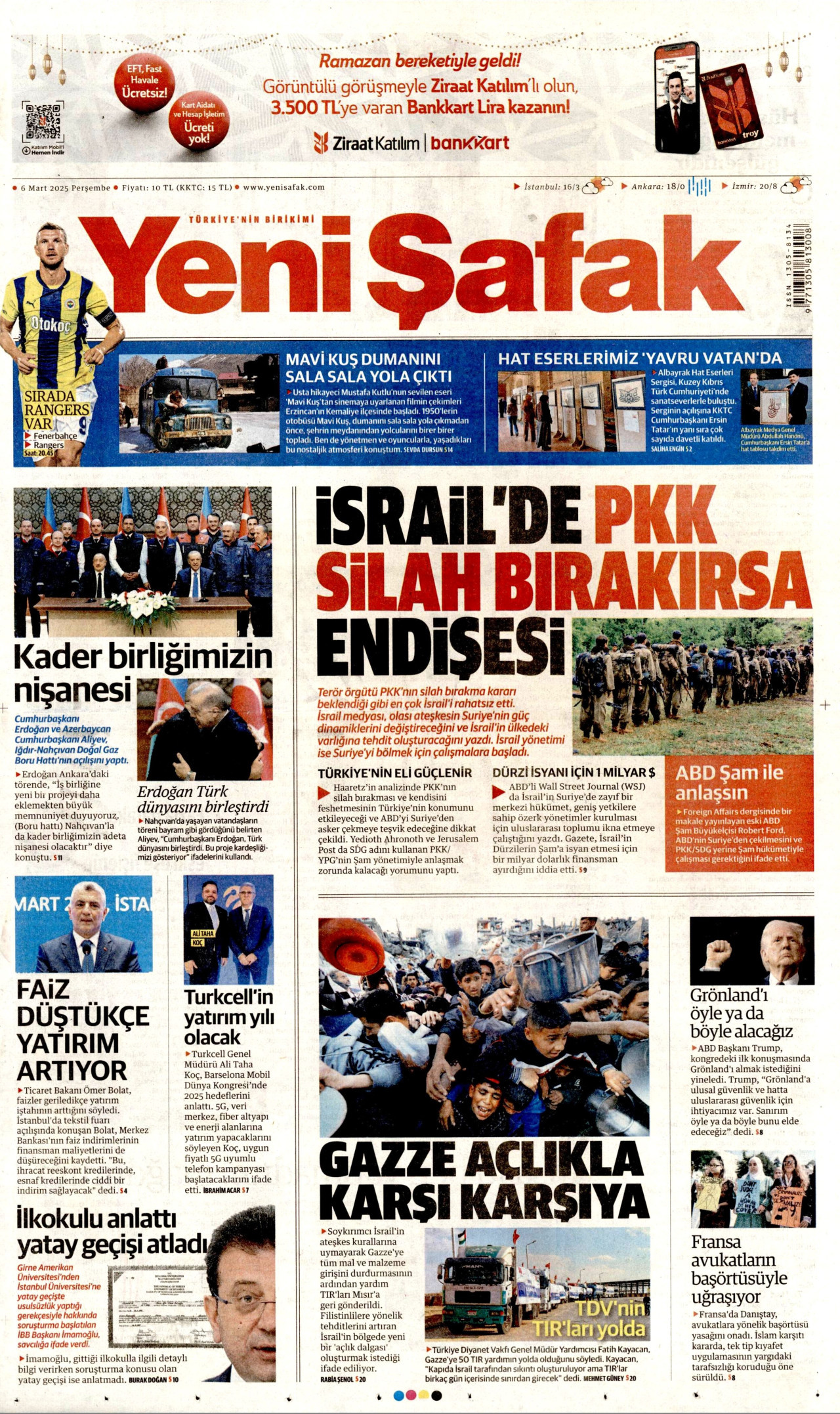 YENİ ŞAFAK gazetesinin 6 Mart 2025 tarihli birinci sayfası