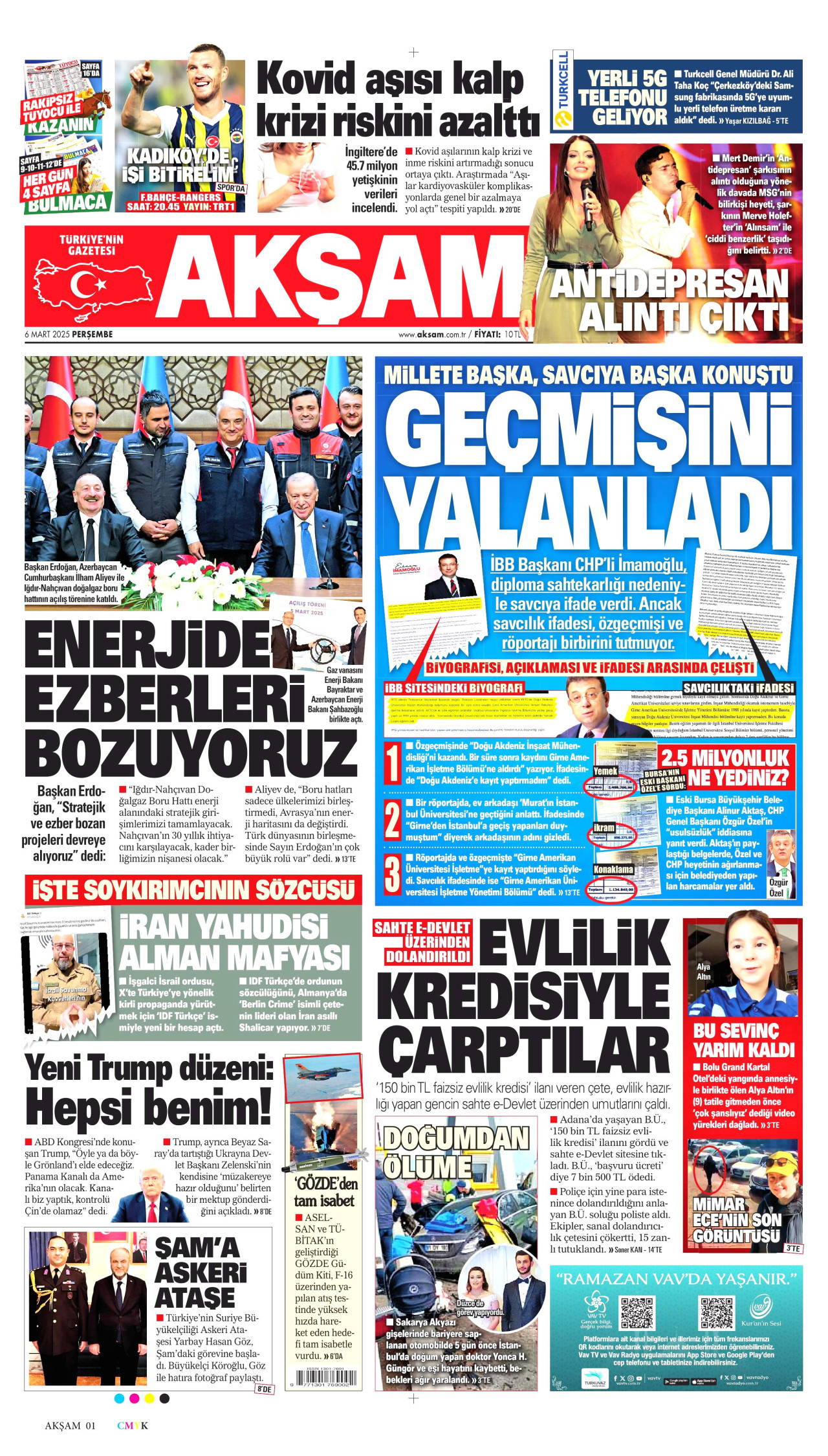 AKŞAM gazetesinin 6 Mart 2025 tarihli birinci sayfası
