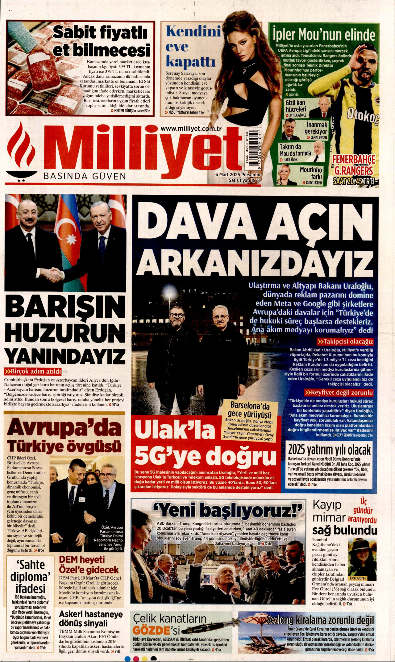 MİLLİYET gazetesinin 6 Mart 2025 tarihli birinci sayfası