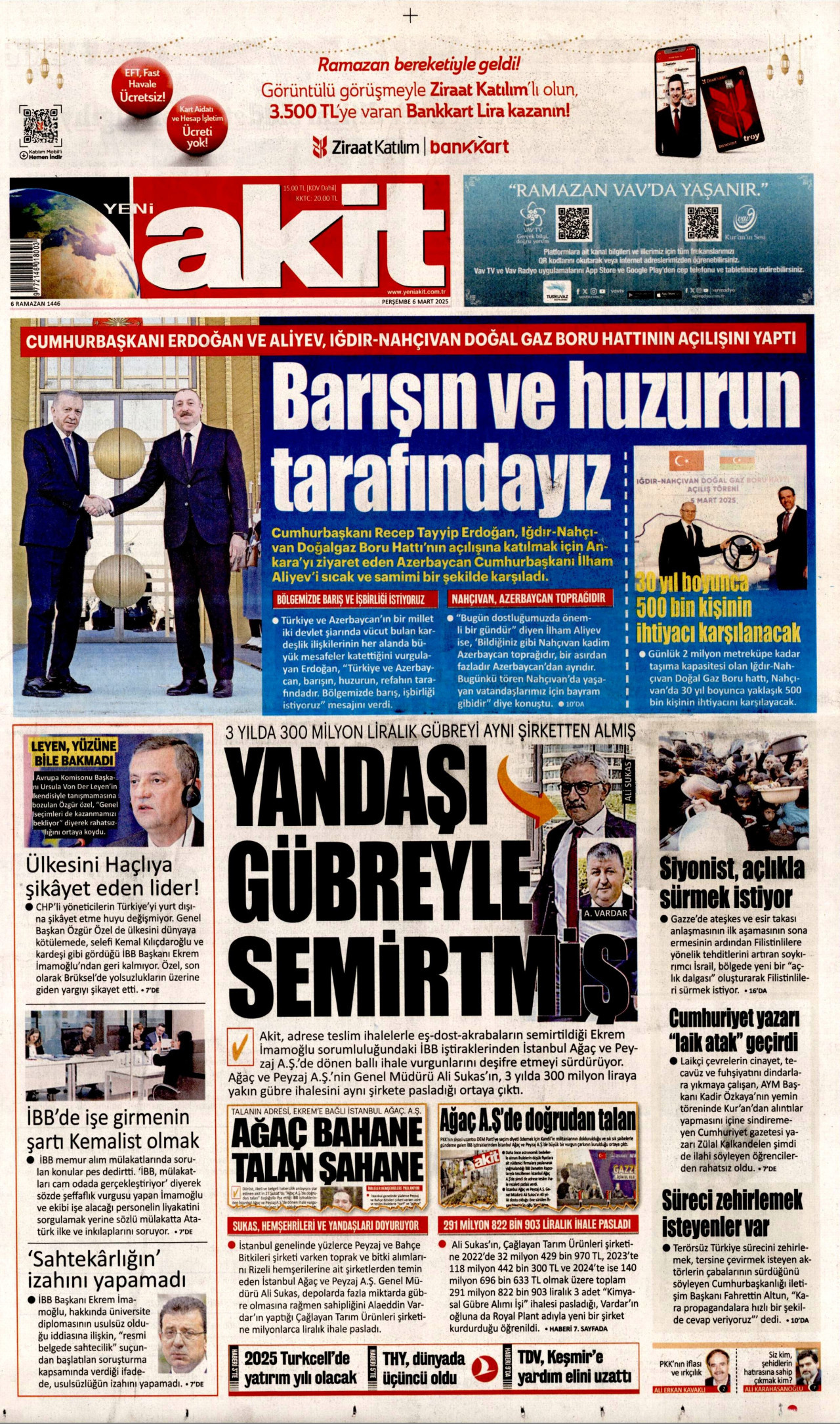 YENİ AKİT gazetesinin 6 Mart 2025 tarihli birinci sayfası