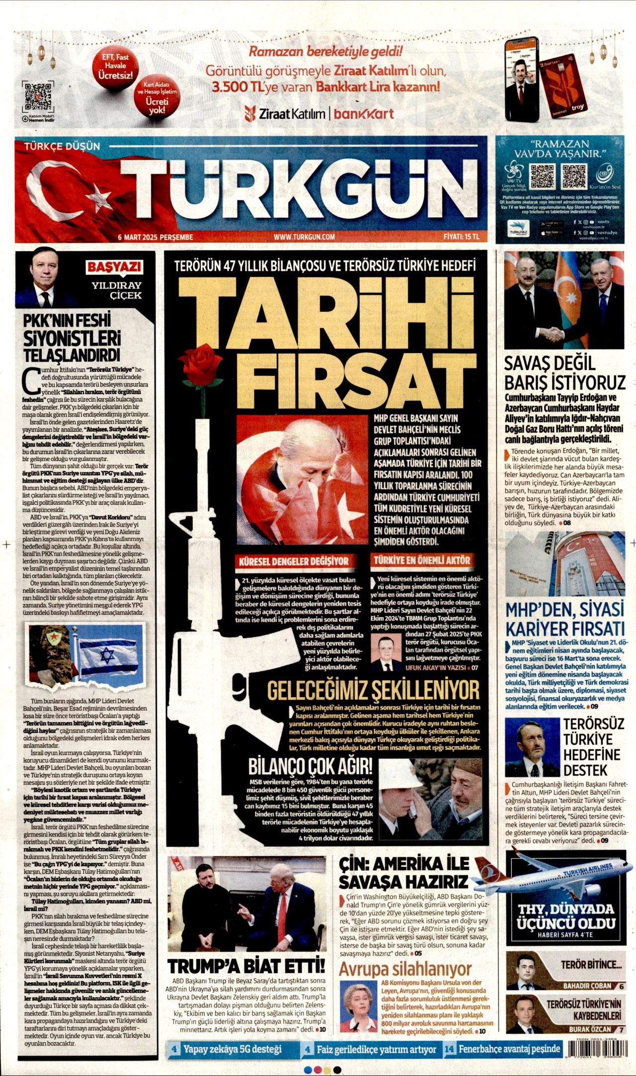 TÜRKGÜN gazetesinin 6 Mart 2025 tarihli birinci sayfası