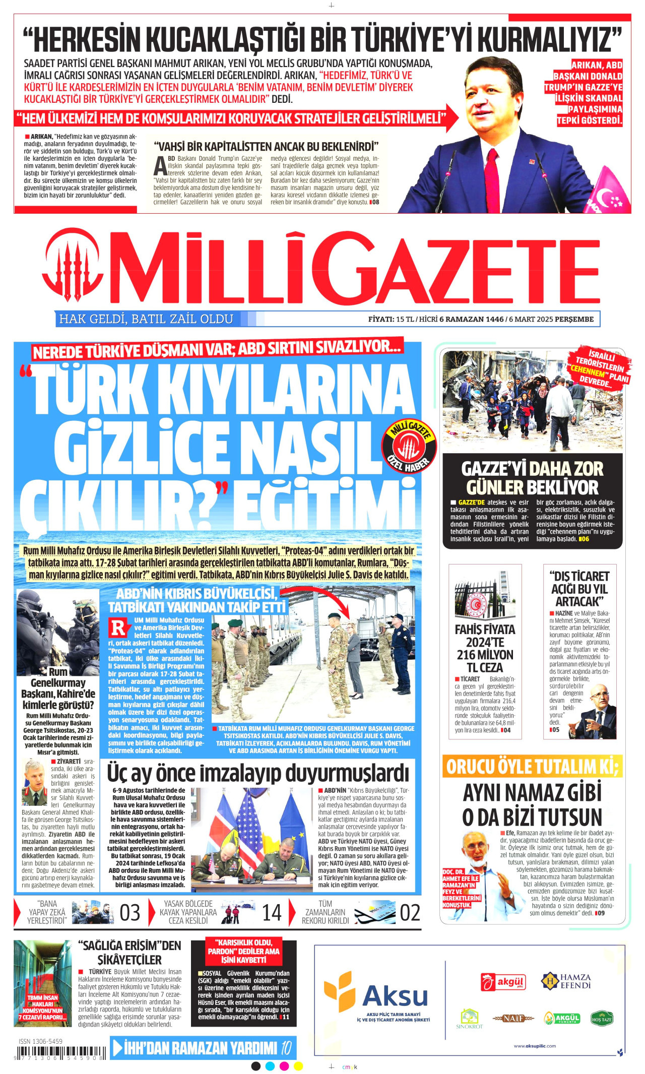 MİLLİ GAZETE gazetesinin 6 Mart 2025 tarihli birinci sayfası