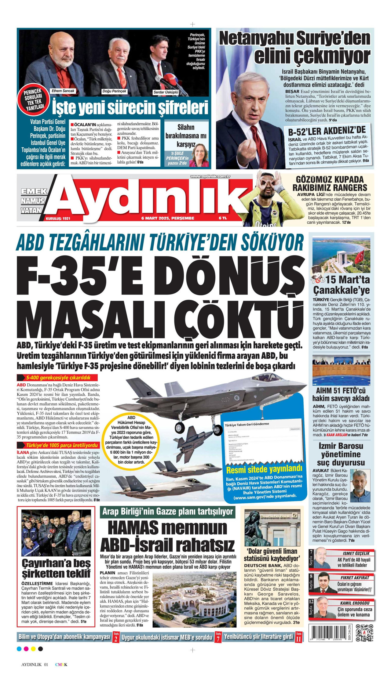 AYDINLIK GAZETESİ gazetesinin 6 Mart 2025 tarihli birinci sayfası