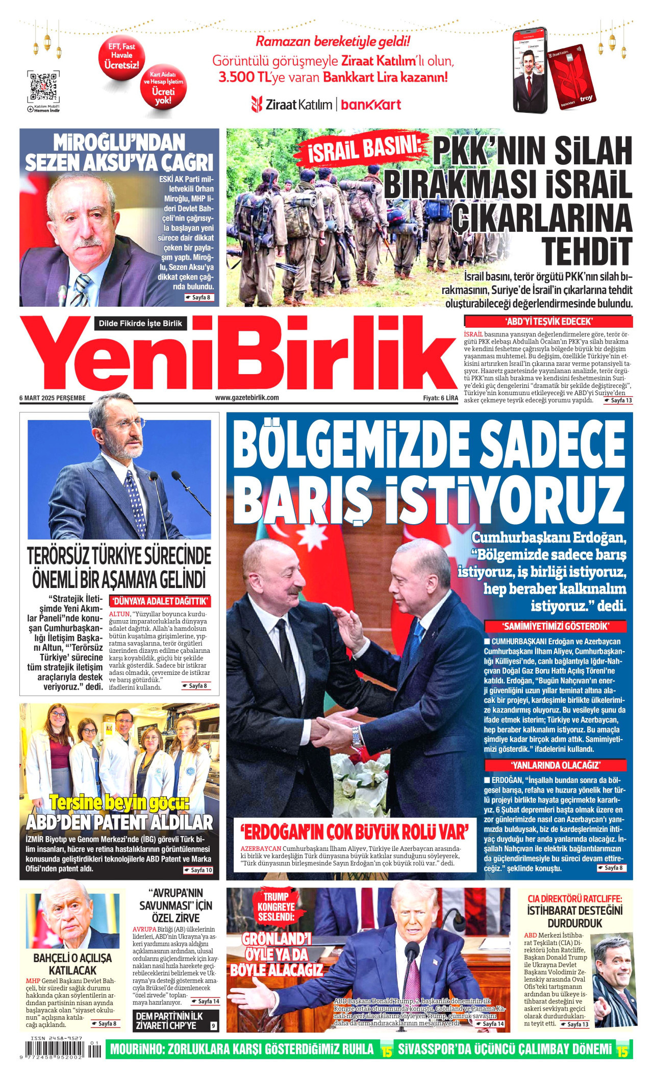 YENİBİRLİK gazetesinin 6 Mart 2025 tarihli birinci sayfası
