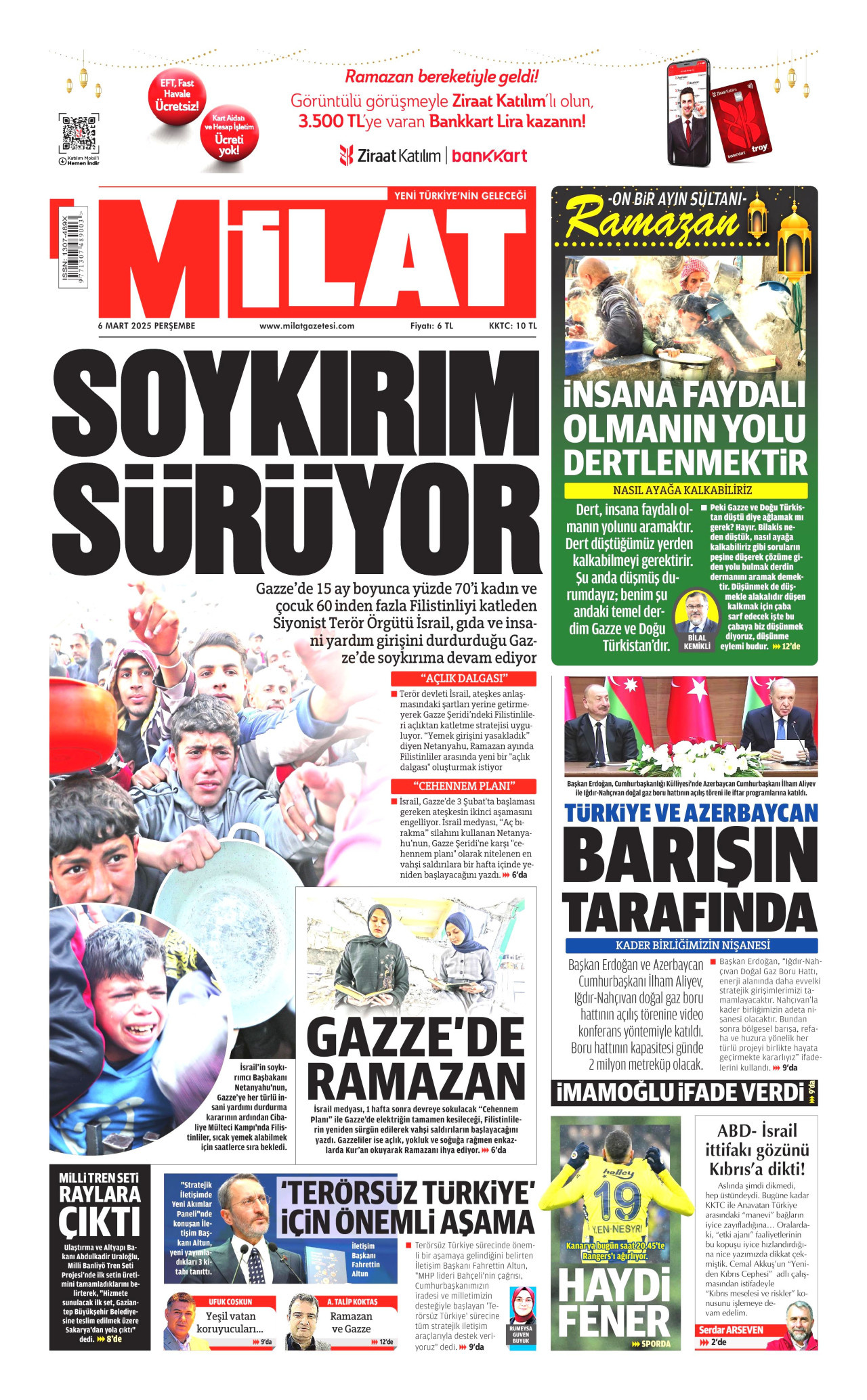 MİLAT gazetesinin 6 Mart 2025 tarihli birinci sayfası
