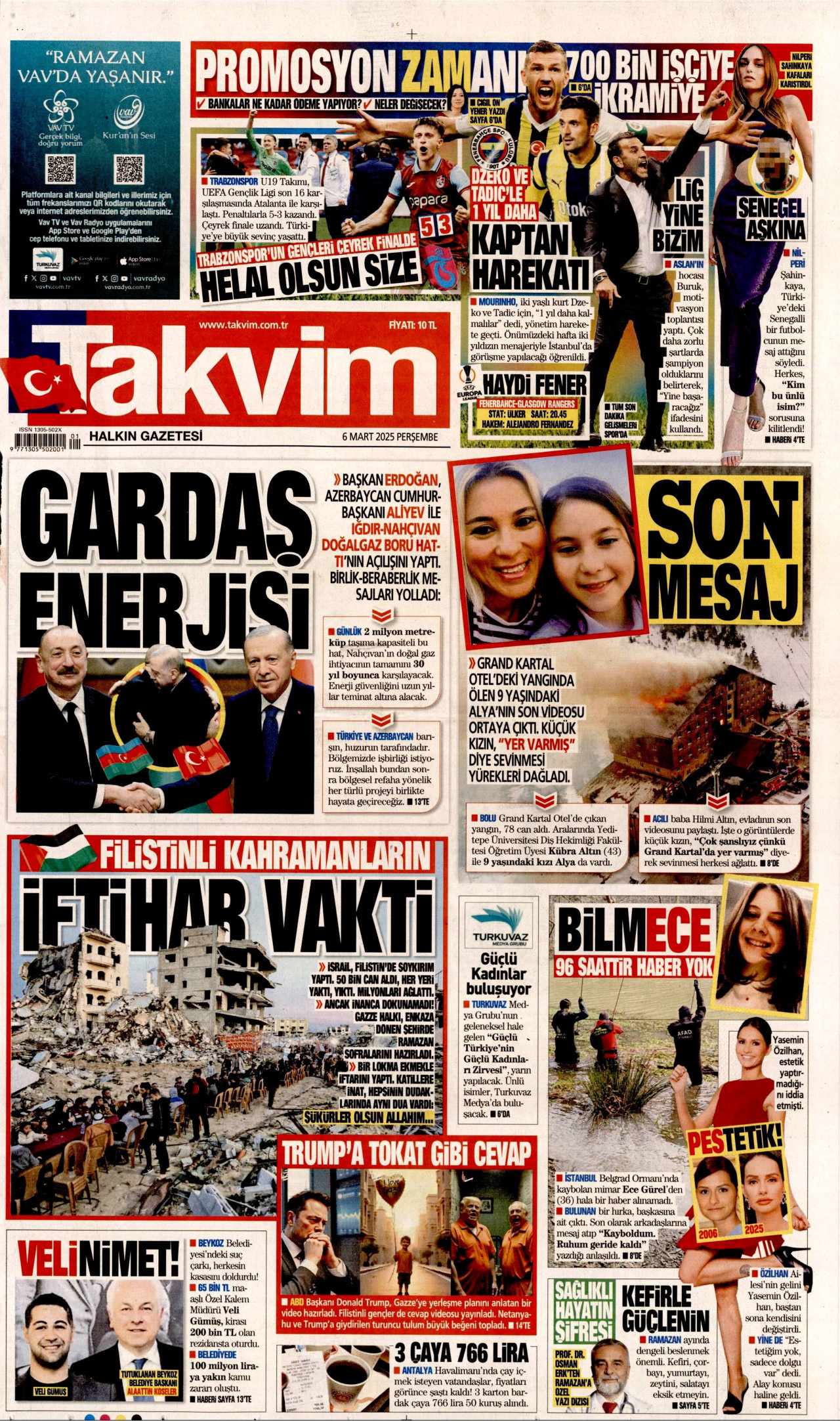 TAKVİM gazetesinin 6 Mart 2025 tarihli birinci sayfası