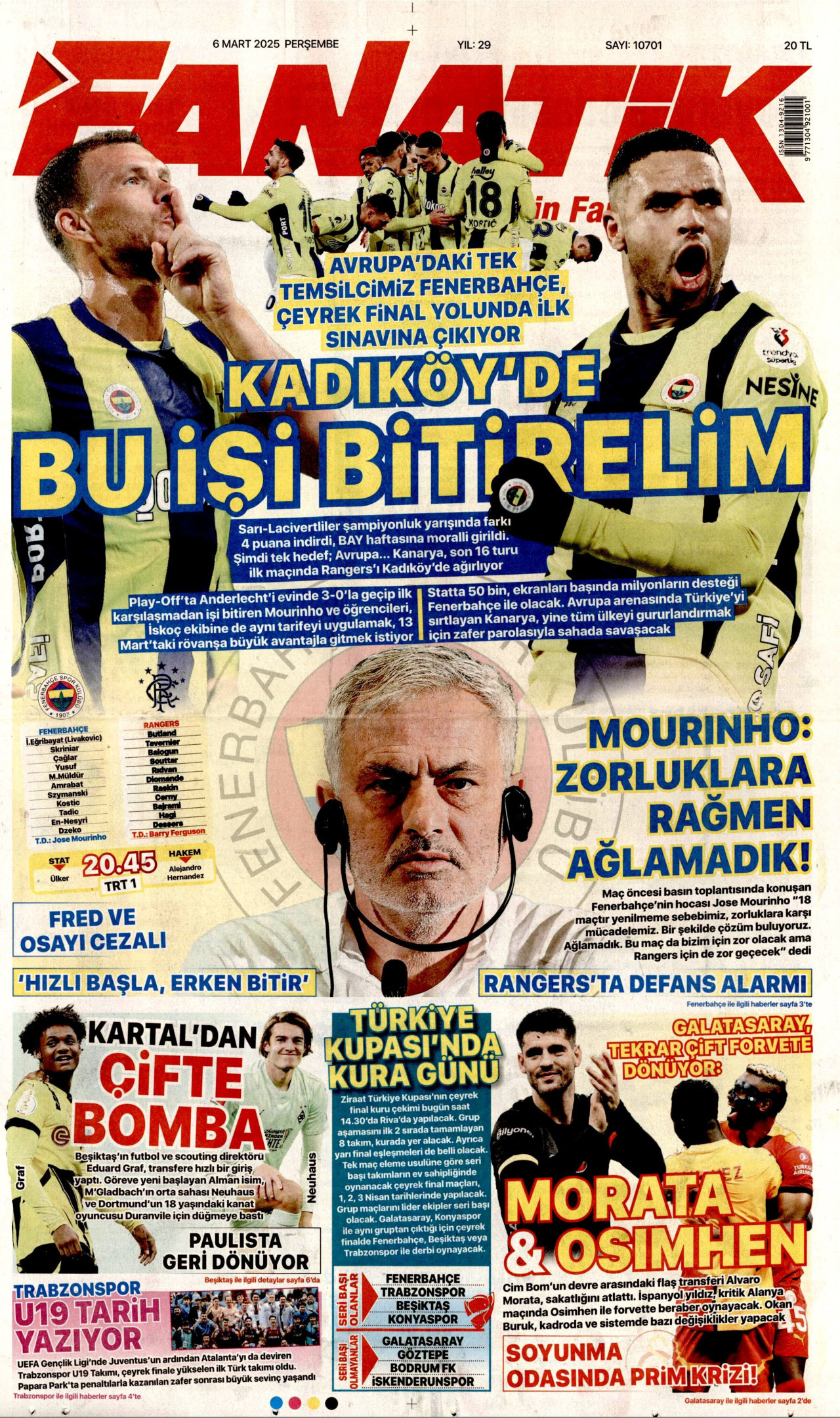 FANATİK gazetesinin 6 Mart 2025 tarihli birinci sayfası