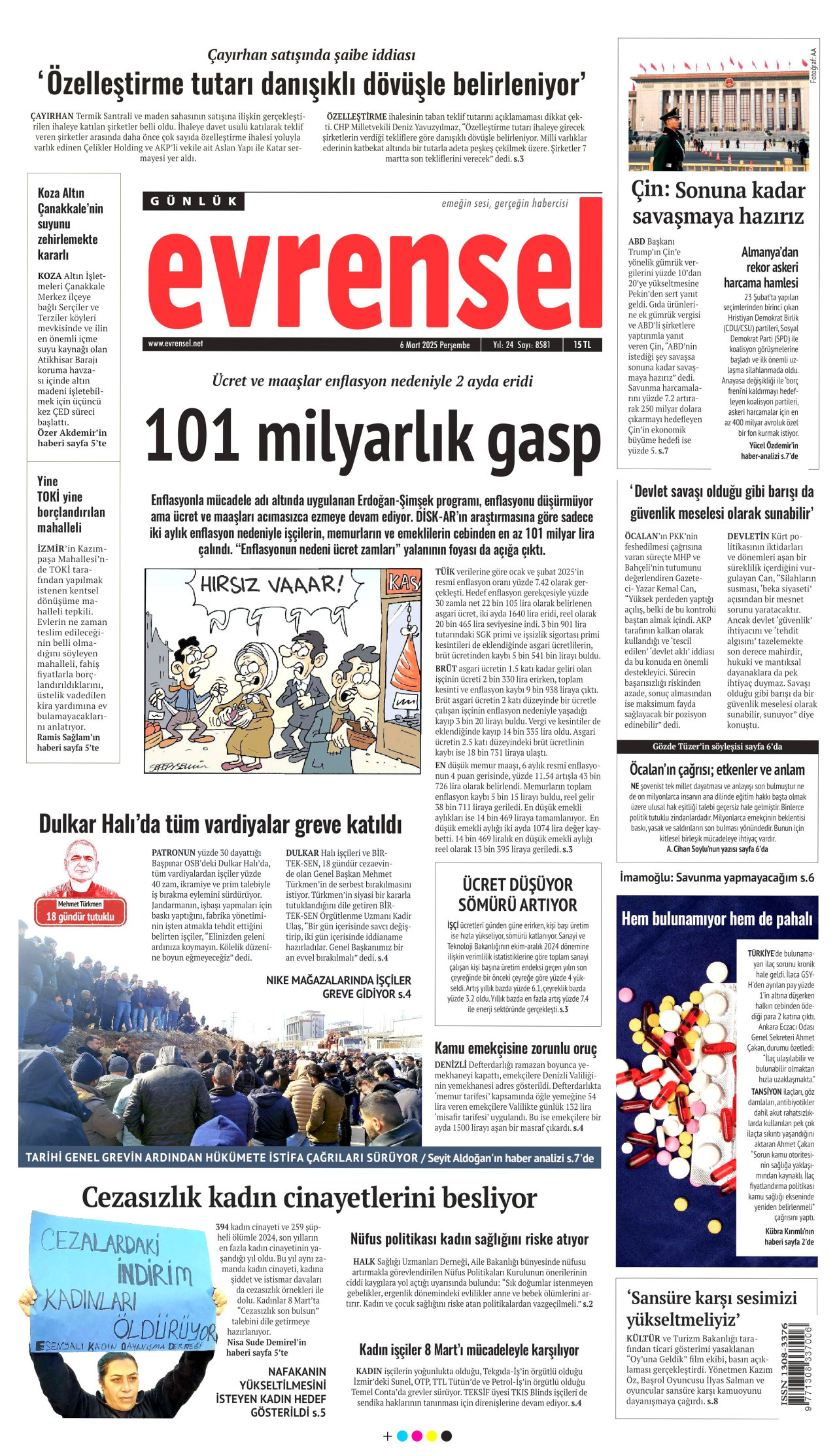 EVRENSEL gazetesinin 6 Mart 2025 tarihli birinci sayfası