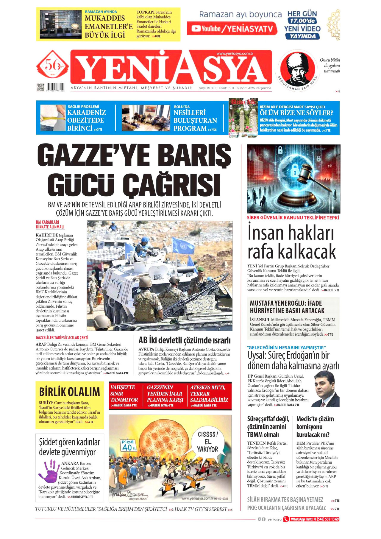 YENİ ASYA gazetesinin 6 Mart 2025 tarihli birinci sayfası