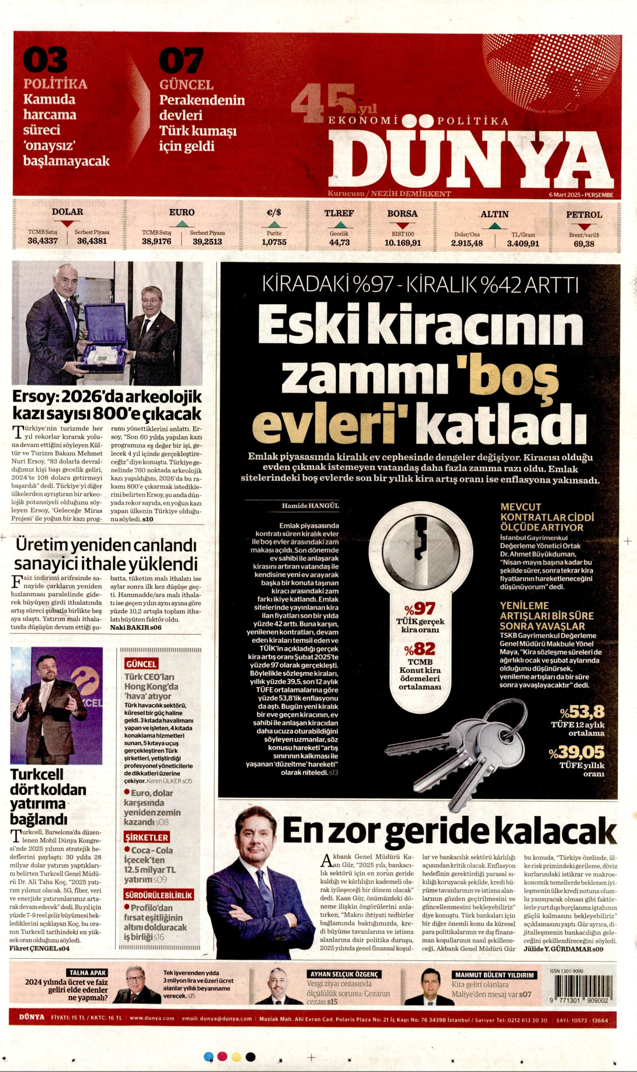 DÜNYA gazetesinin 6 Mart 2025 tarihli birinci sayfası