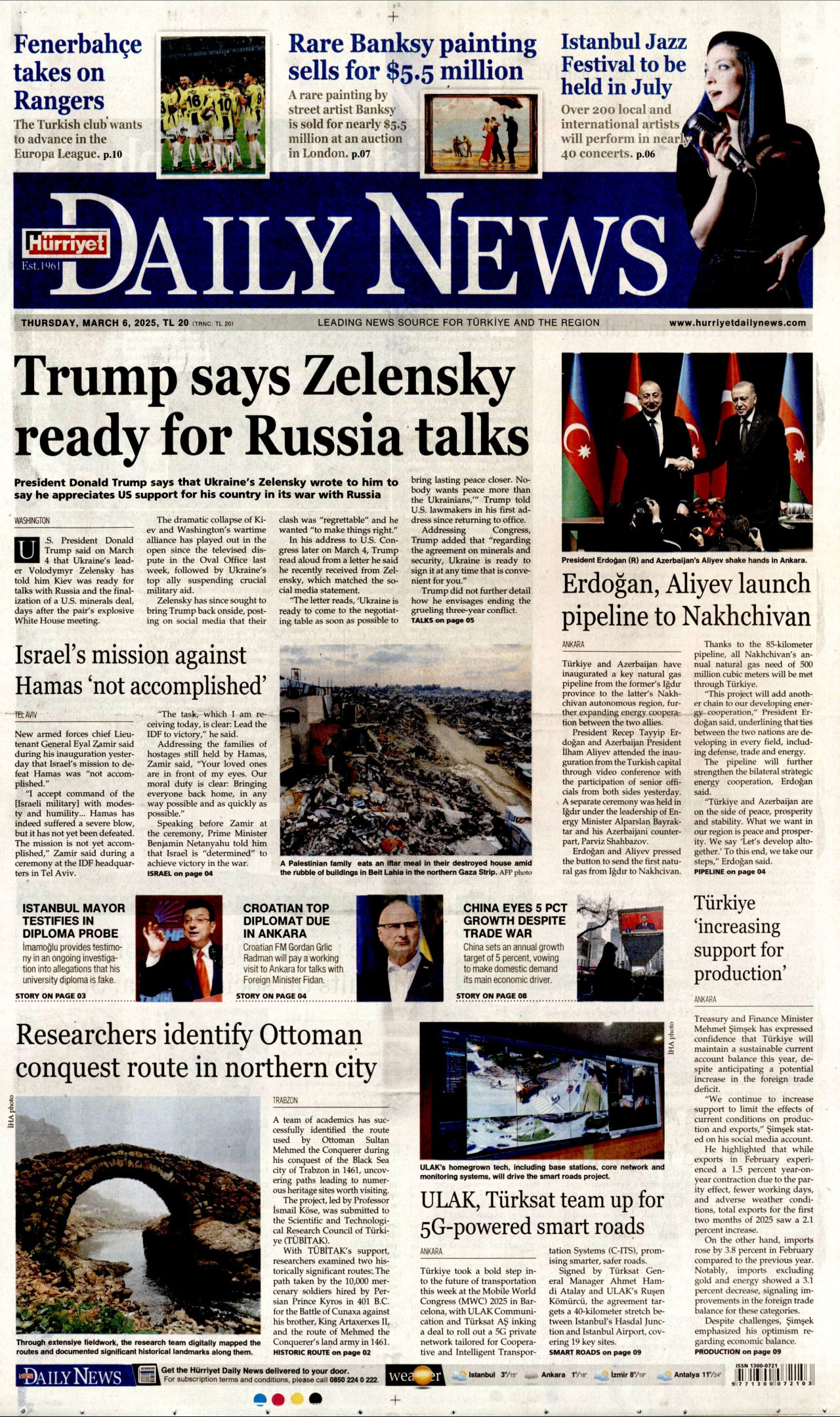 HÜRRİYET DAİLY NEWS gazetesinin 6 Mart 2025 tarihli birinci sayfası