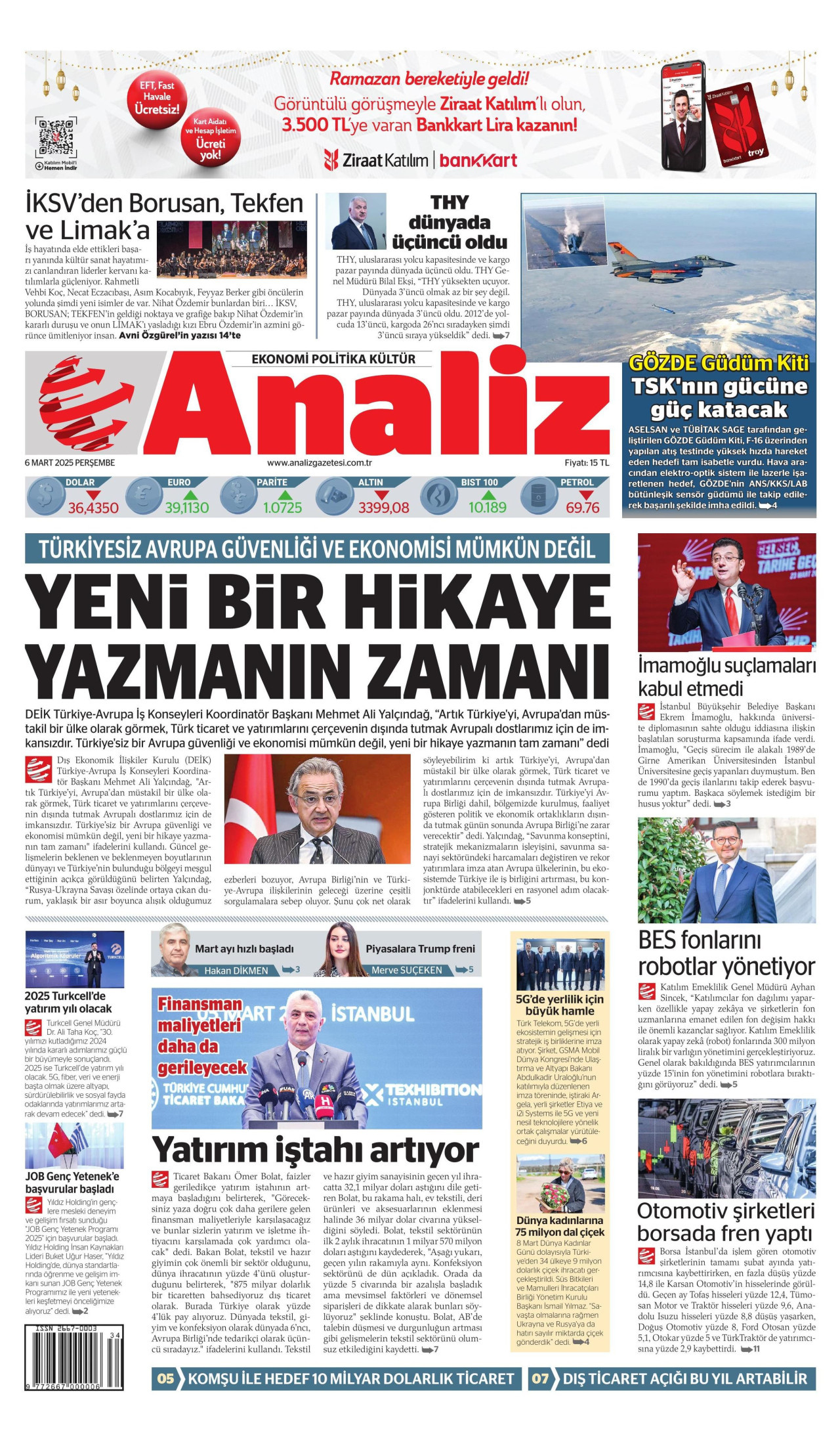 ANALİZ gazetesinin 6 Mart 2025 tarihli birinci sayfası
