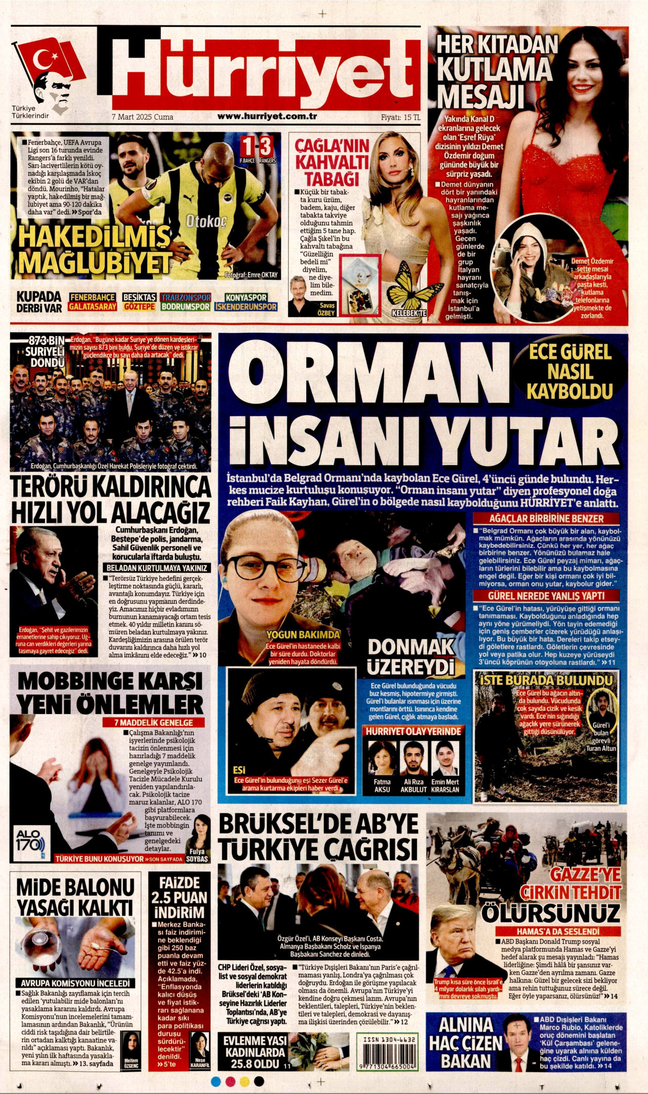 HÜRRİYET gazetesinin 7 Mart 2025 tarihli birinci sayfası