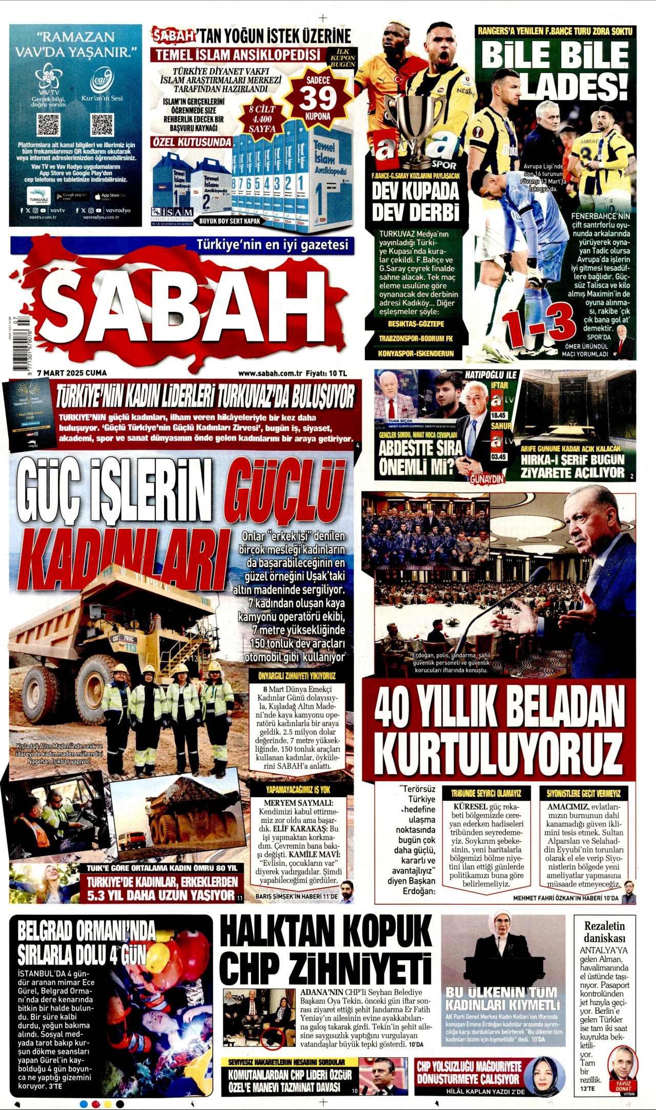 SABAH gazetesinin 7 Mart 2025 tarihli birinci sayfası
