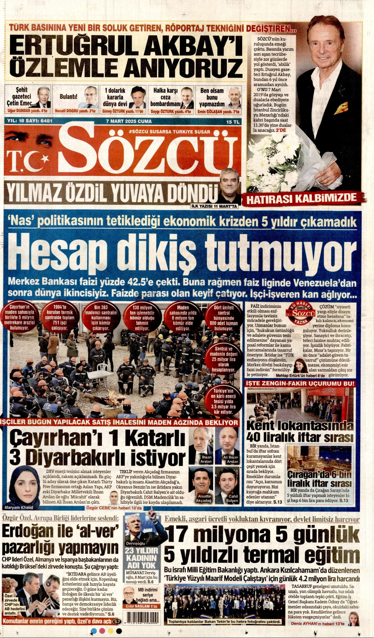 SÖZCÜ gazetesinin 7 Mart 2025 tarihli birinci sayfası