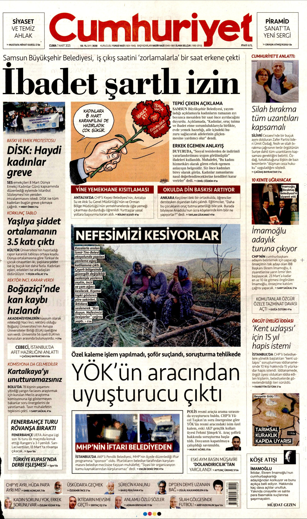 CUMHURİYET gazetesinin 7 Mart 2025 tarihli birinci sayfası