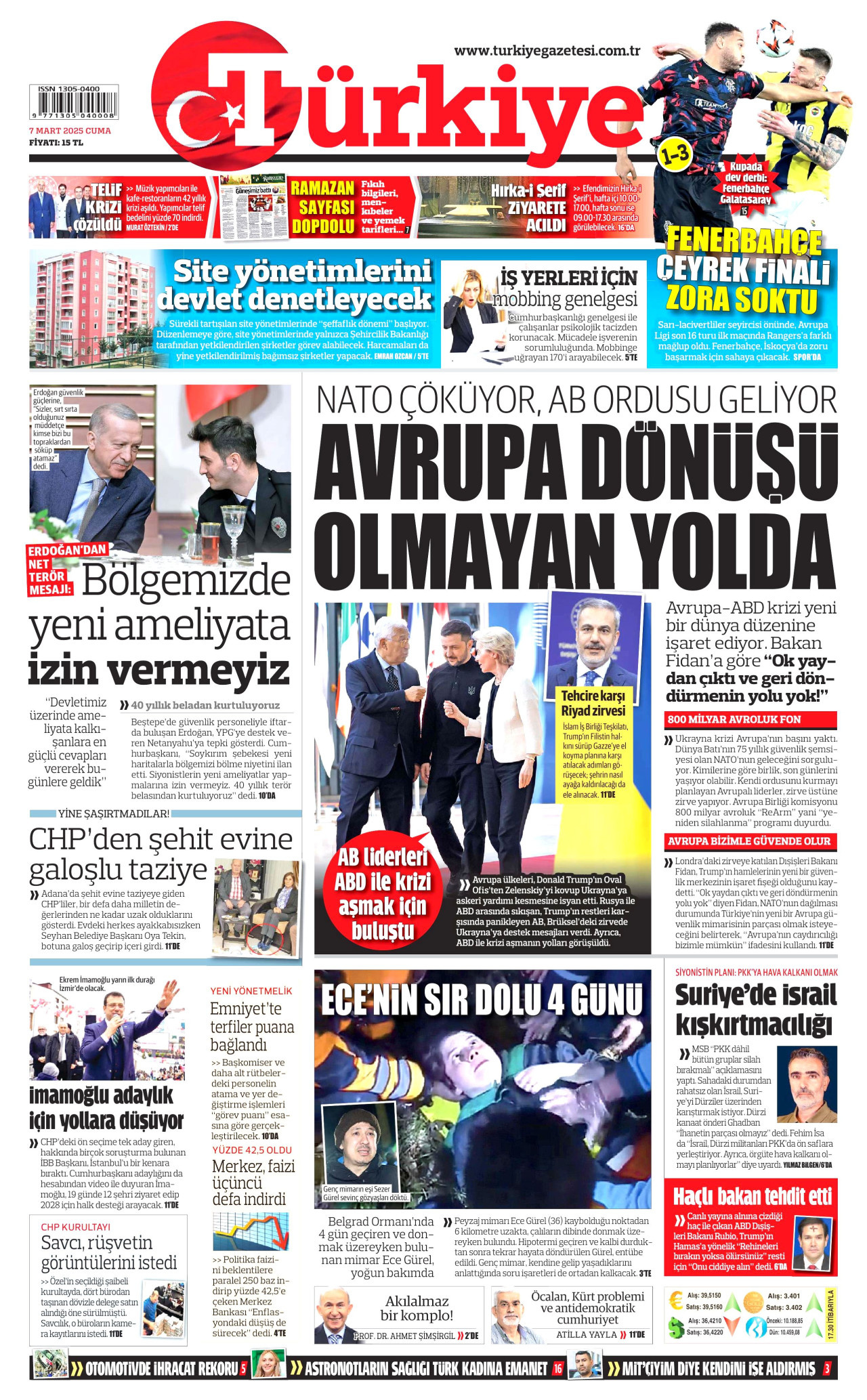TÜRKİYE GAZETESİ gazetesinin 7 Mart 2025 tarihli birinci sayfası