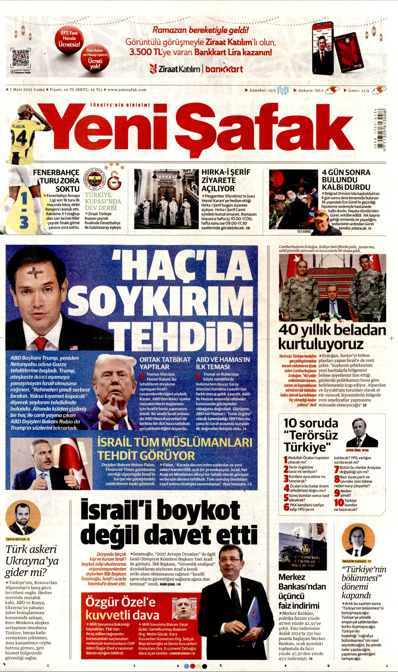 YENİ ŞAFAK gazetesinin 7 Mart 2025 tarihli birinci sayfası