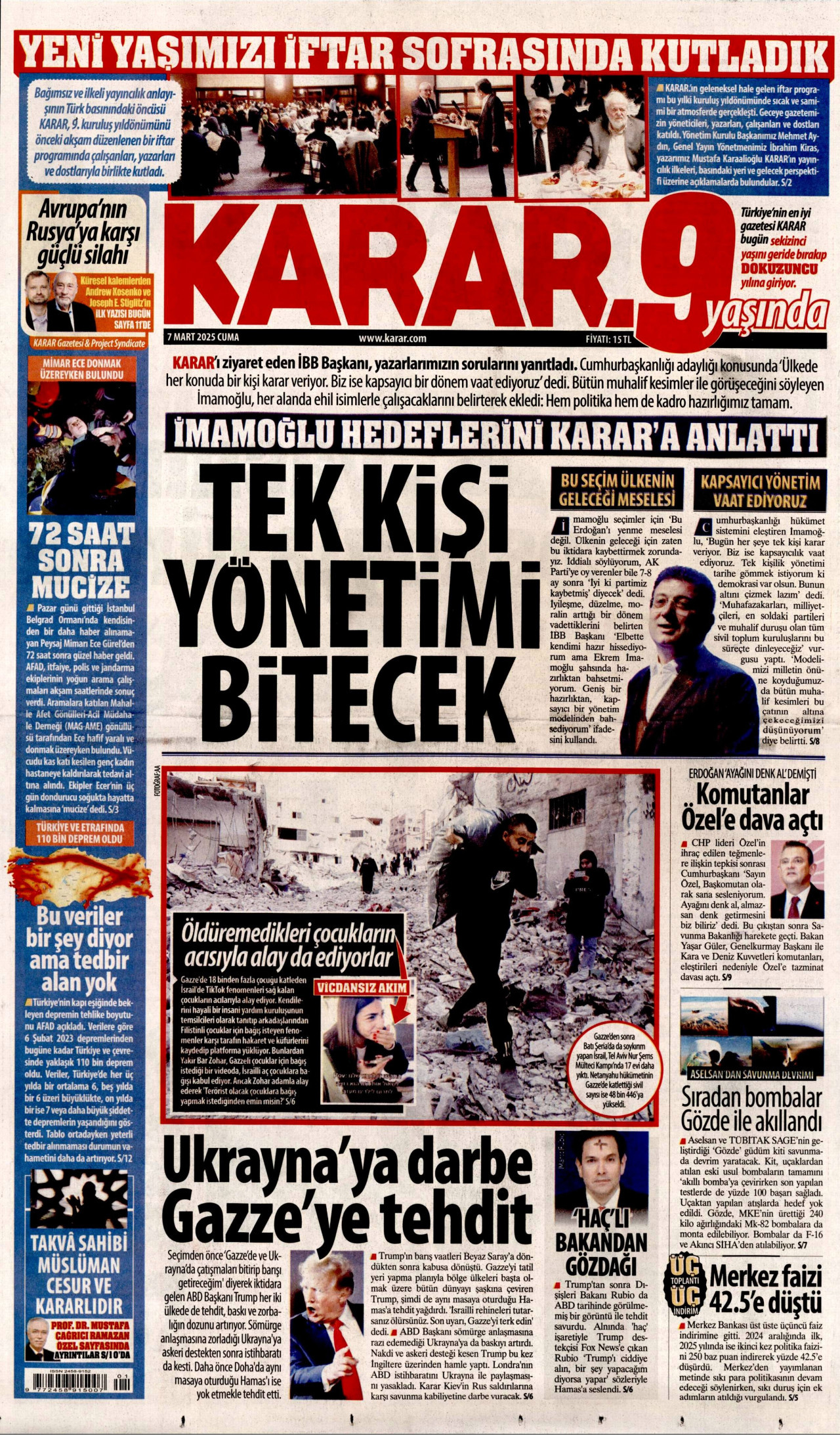 KARAR gazetesinin 7 Mart 2025 tarihli birinci sayfası