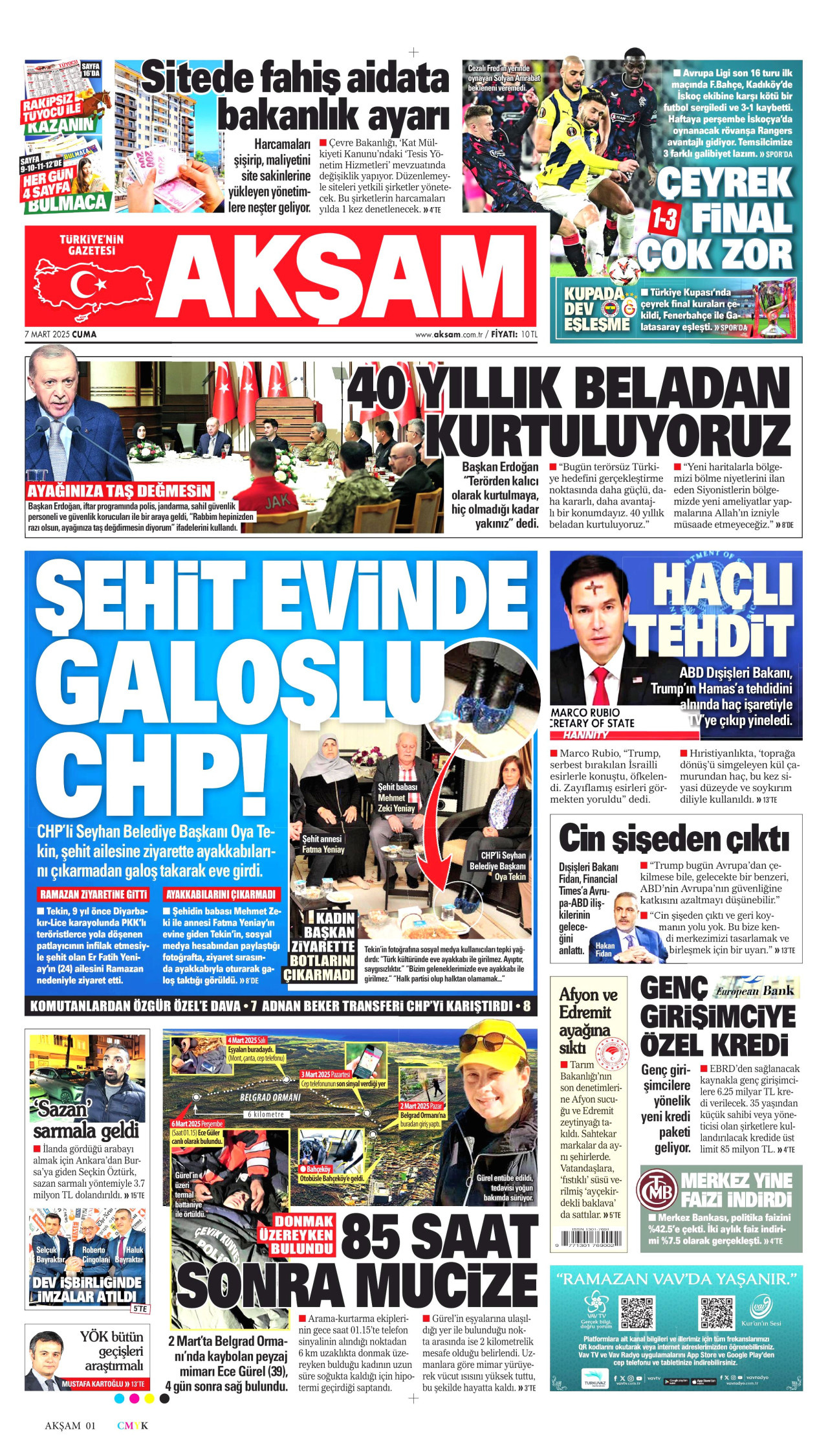 AKŞAM gazetesinin 7 Mart 2025 tarihli birinci sayfası