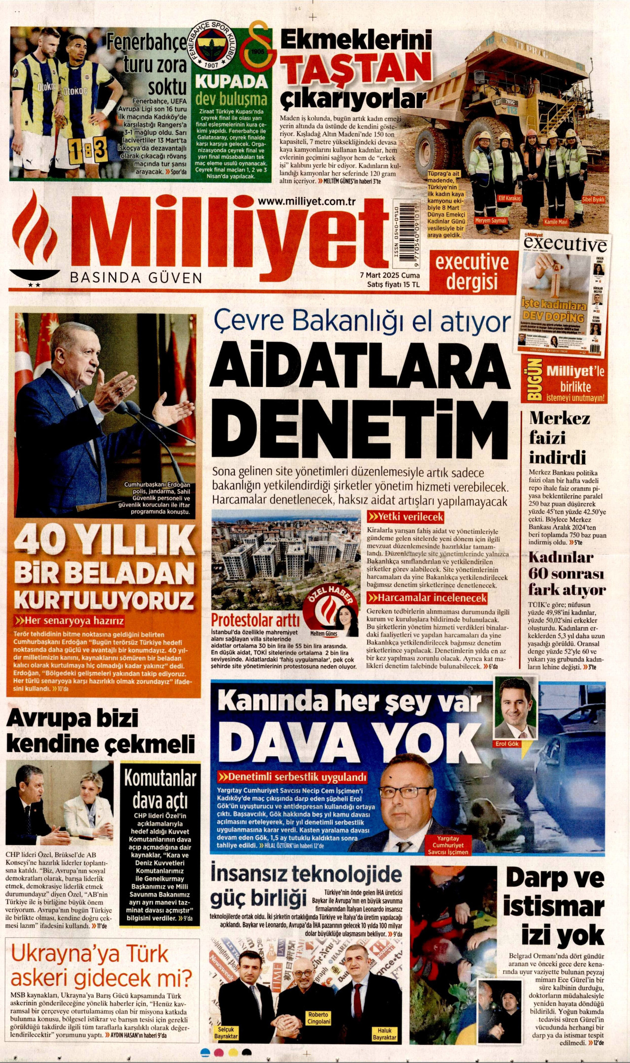 MİLLİYET gazetesinin 7 Mart 2025 tarihli birinci sayfası