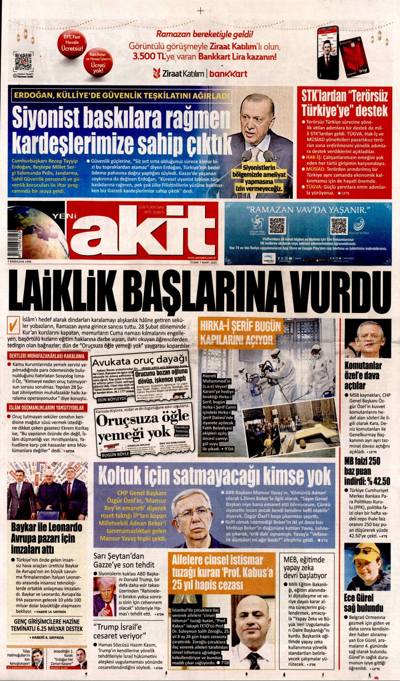 YENİ AKİT gazetesinin 7 Mart 2025 tarihli birinci sayfası