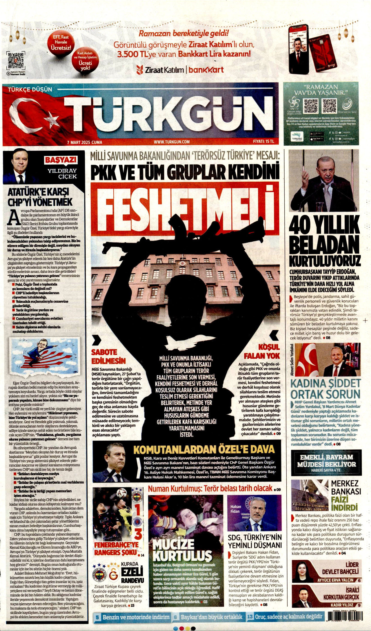 TÜRKGÜN gazetesinin 7 Mart 2025 tarihli birinci sayfası