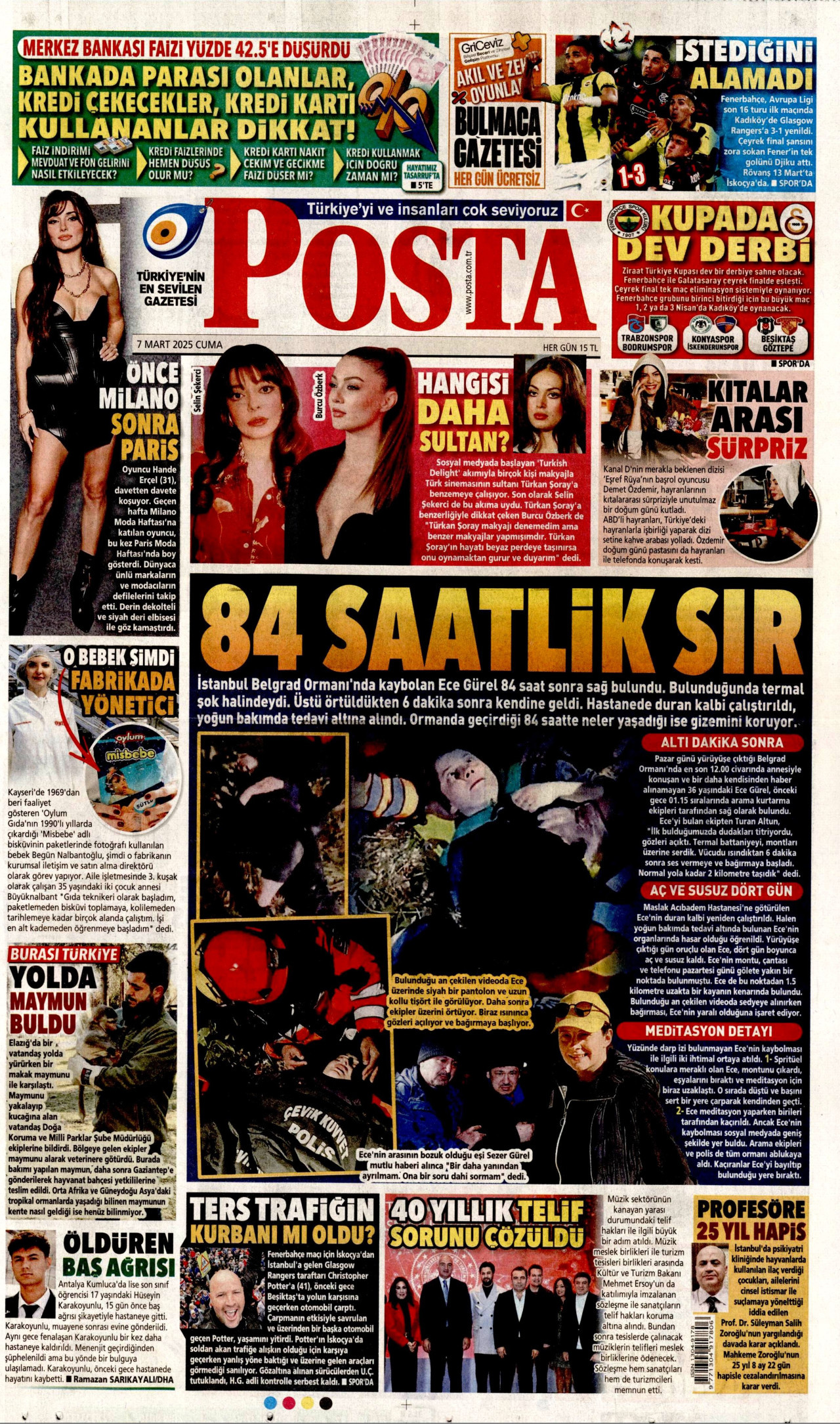 POSTA gazetesinin 7 Mart 2025 tarihli birinci sayfası