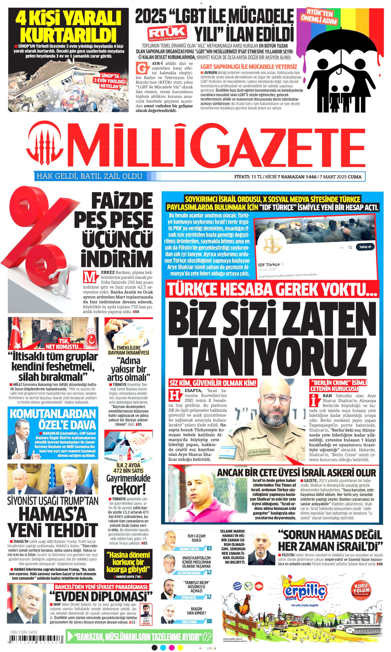 MİLLİ GAZETE gazetesinin 7 Mart 2025 tarihli birinci sayfası